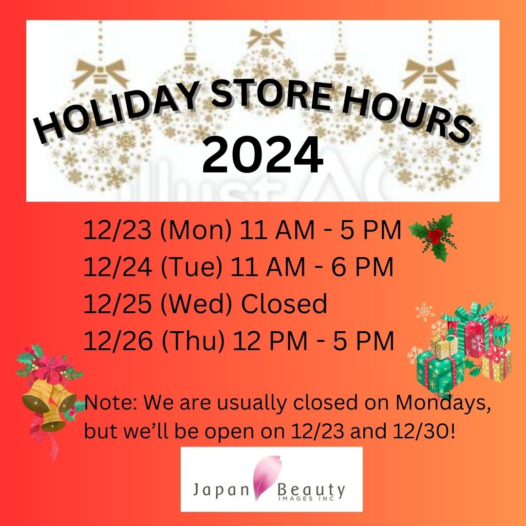 ****HOLIDAY STORE HOURS****

Note: We are usually closed on Mondays, but we&rsquo;ll be open on 12/23 and 12/30!

12/23 (Mon) 11 AM - 5 PM
12/24 (Tue) 11 AM - 6 PM
12/25 (Wed) Closed
12/26 (Thu) 12 PM - 5 PM

#TorontoBeauty
#japanbeautyproduct
#Shise