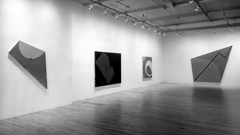 Installation view: Elizabeth Murray at Paula Cooper Gallery, November 1976. Featuring L to R: Harry (1976), Back (1976), Rolling Ball (1975-76), Rise (1976). Courtesy Paula Cooper Archives