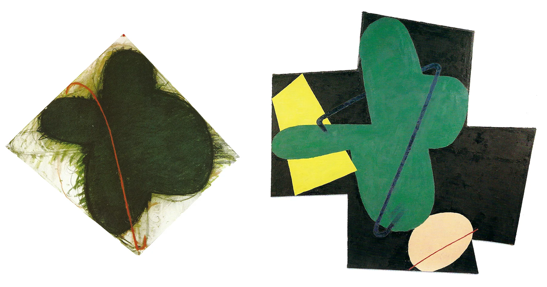 The drawing on the left "September," 1979, pastel and charcoal on paper, 38 1/4 x 40 3/4 in. (97.2 x 103.5 cm), is likely the inspiration for the massive green petal-like shape found in "Druid," 1979 (right).