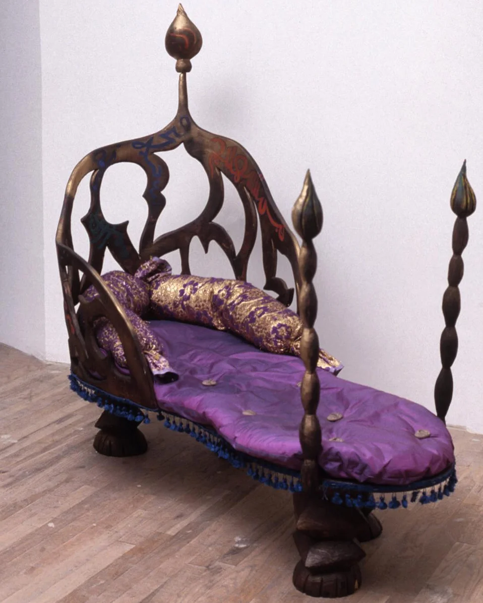 Elizabeth Murray’s purple chaise longue set piece for Roy Cohn / Jack Smith . Photo courtesy Paula Cooper Gallery Archive