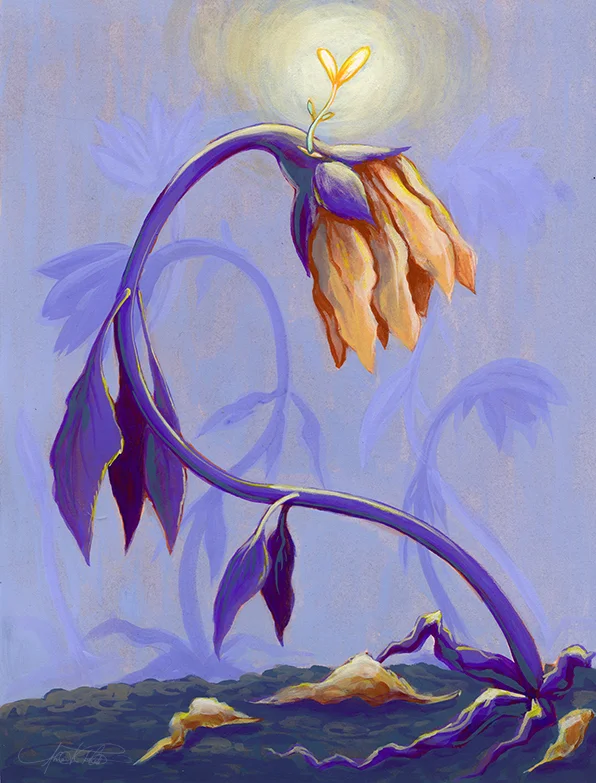 "To Heal Wounds, Cells Time-Travel Back to a Fetal State." Gouache, 8x10.5"
