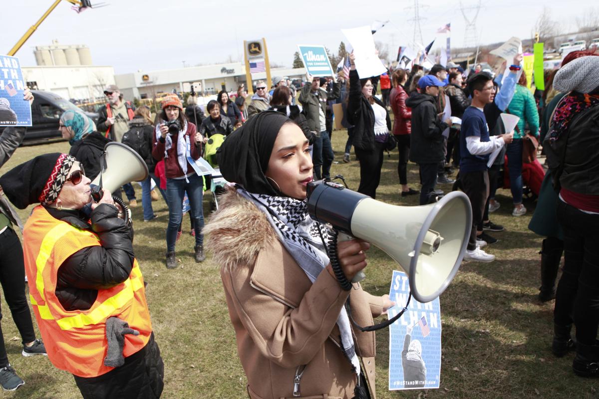 Sarah leading chants at anti-Trump rally 4/15/19
