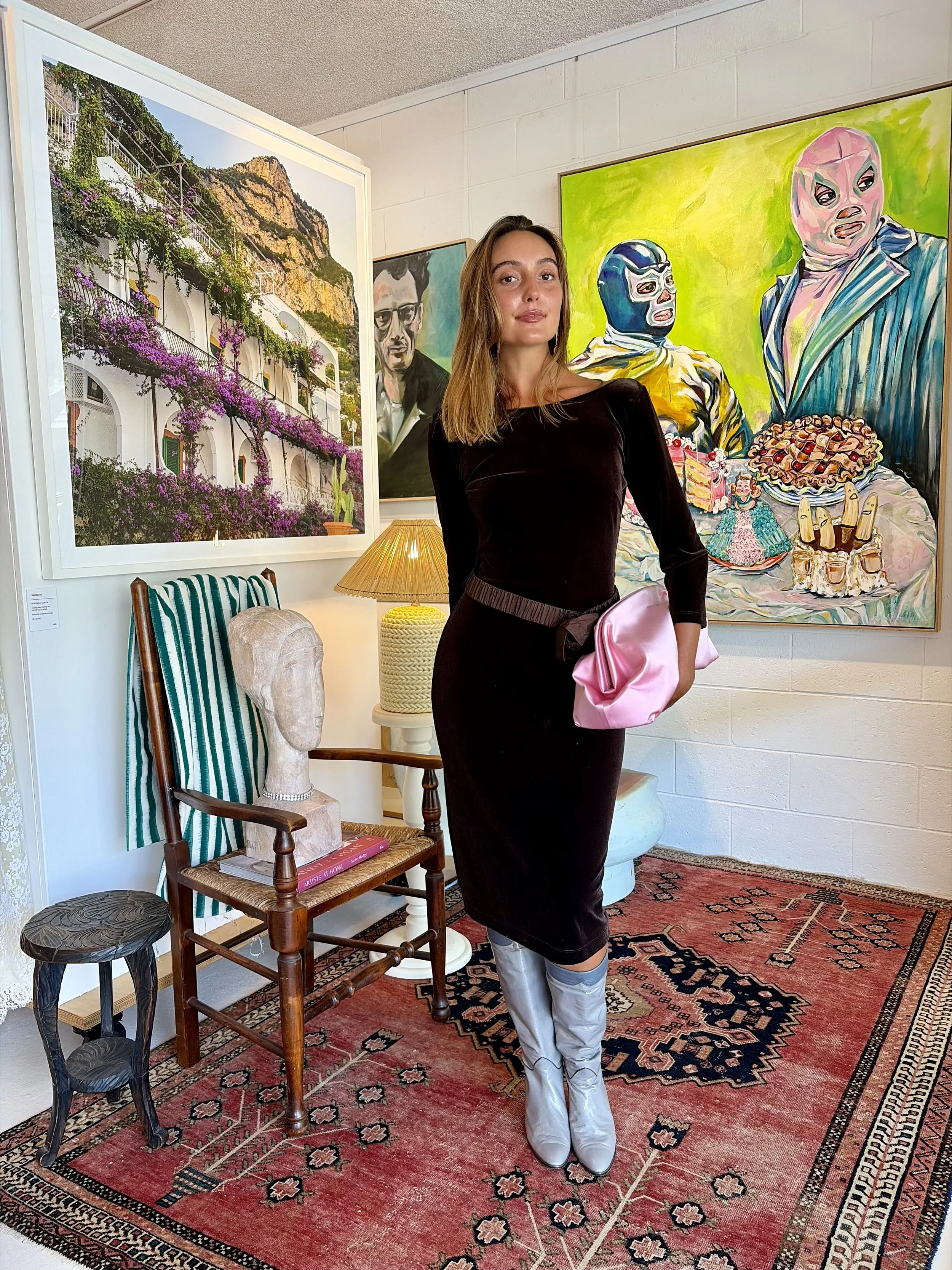 Brown velvet vintage dress with sculptural flower belt