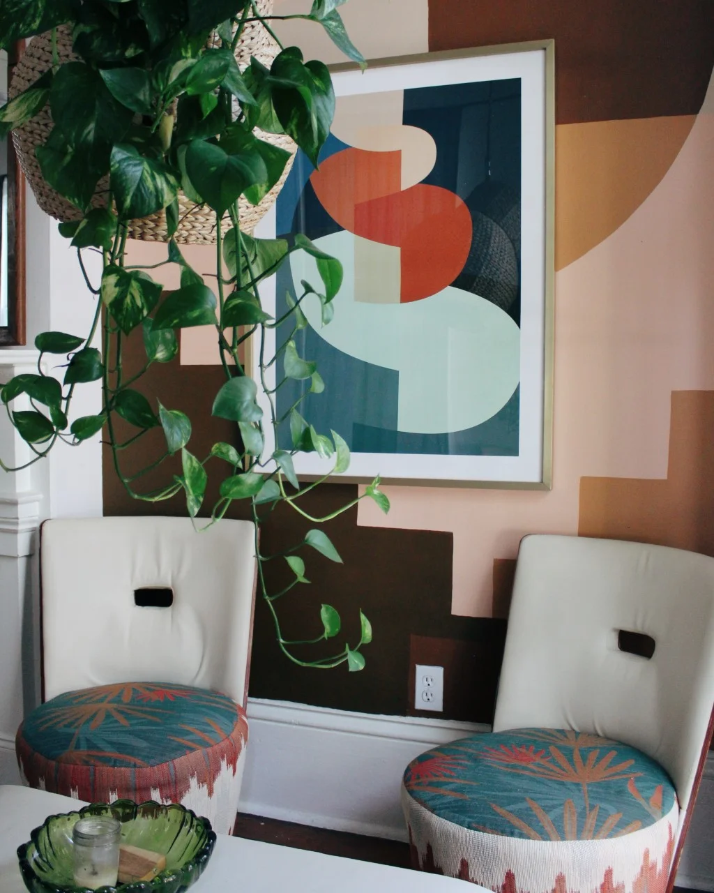 …Something I noticed after the space was completed is how perfectly the art matches the chairs. I was drawn to this piece because of the colors which seem to show up time and time again throughout our home. It must be instinct at this point ;)