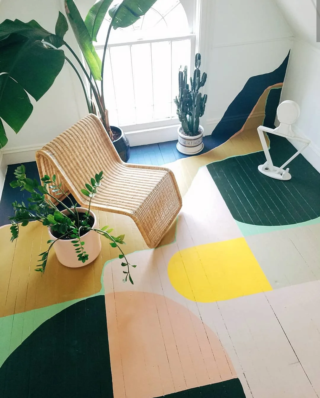 Lastly, a floor mural. This room is very low traffic so I used regular wall sample paint but if it were a high traffic area I would seal with clear coat or use floor paint.