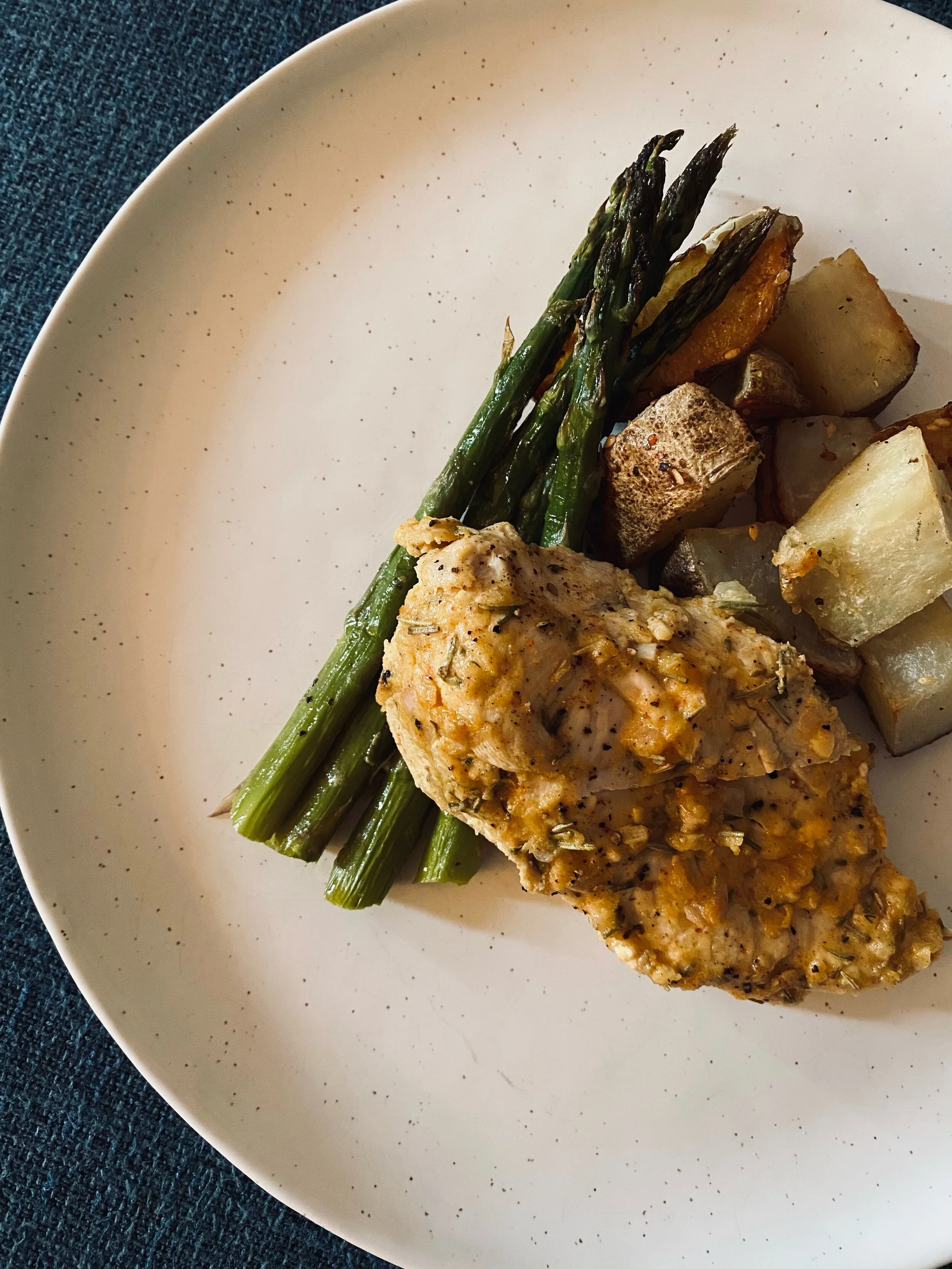 Sheet Pan Chicken, Potato and Veg with Feta Sauce
