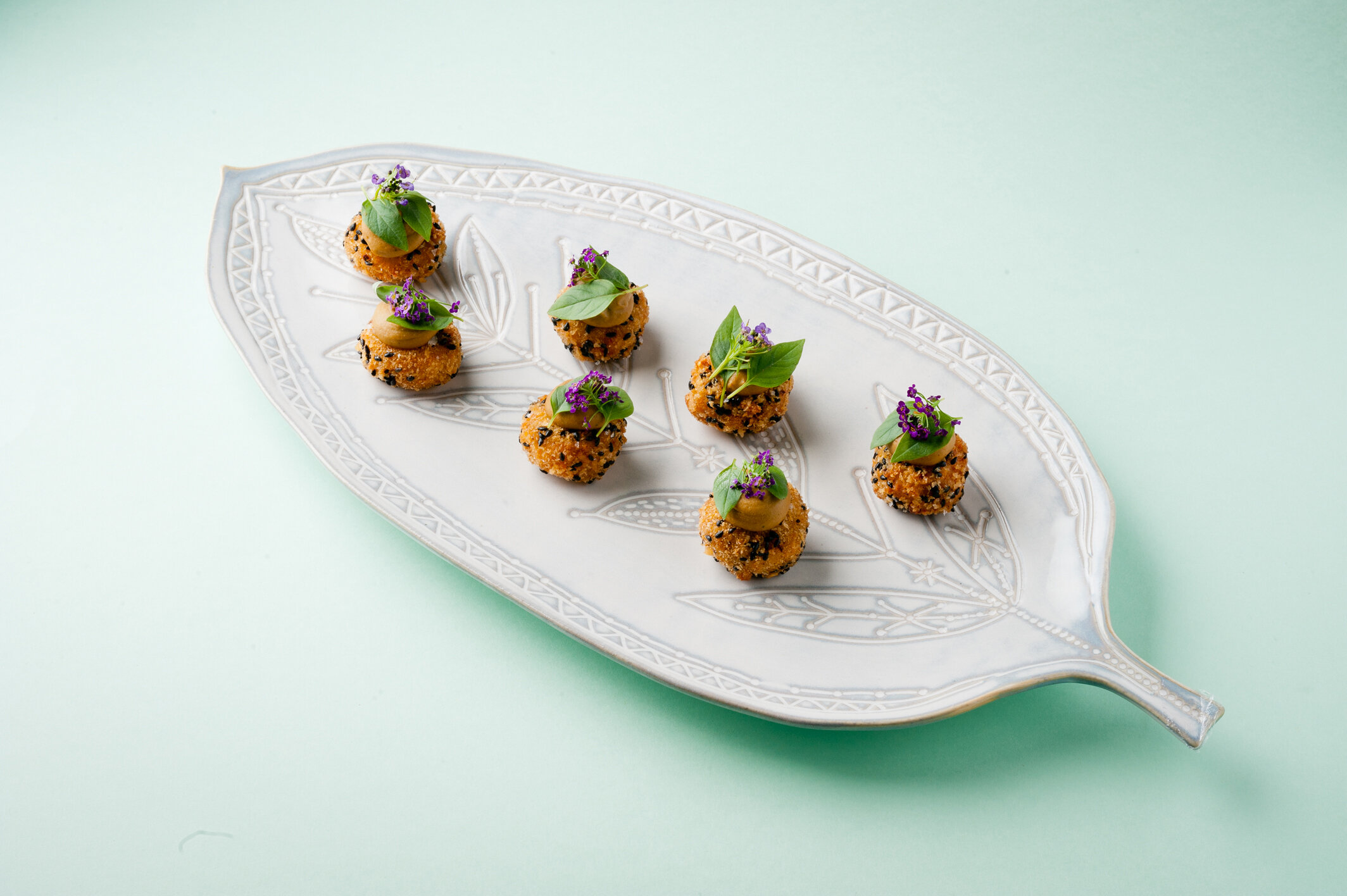 Canapes - Spiced lamb breast Thai style aubergine goats curd and Thai basil - 3 edited.jpg