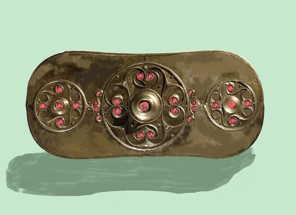 The Battersea Shield. Found during excavations in Battersea, this shield is small, and might be a votive offering. The coral insets and elaborate decoration indicate that it would never have been used in battle, but for showing off at ceremonies.