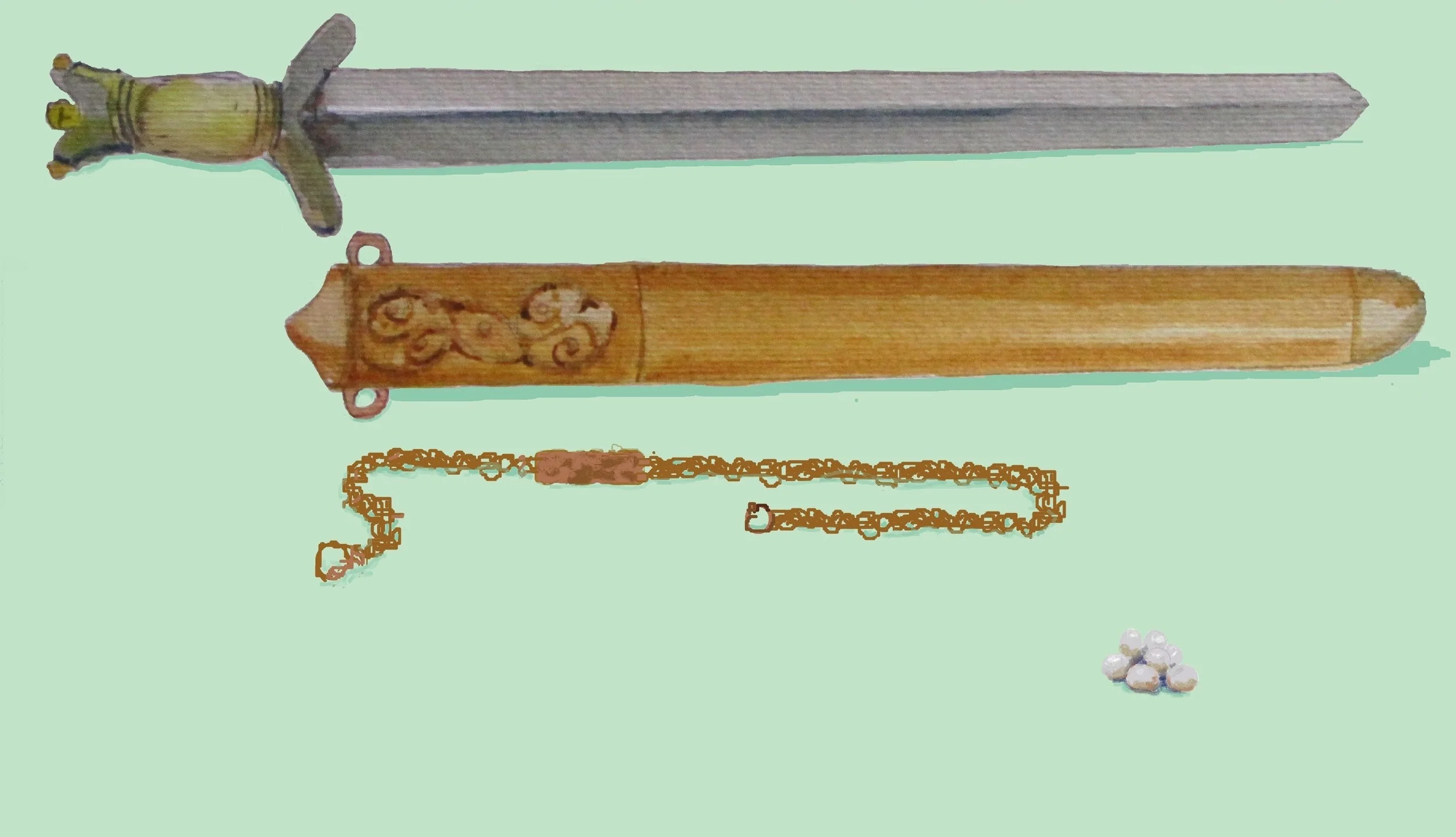 Swords were for the elite few. Sword and scabbard from 200BC with sling and stones.