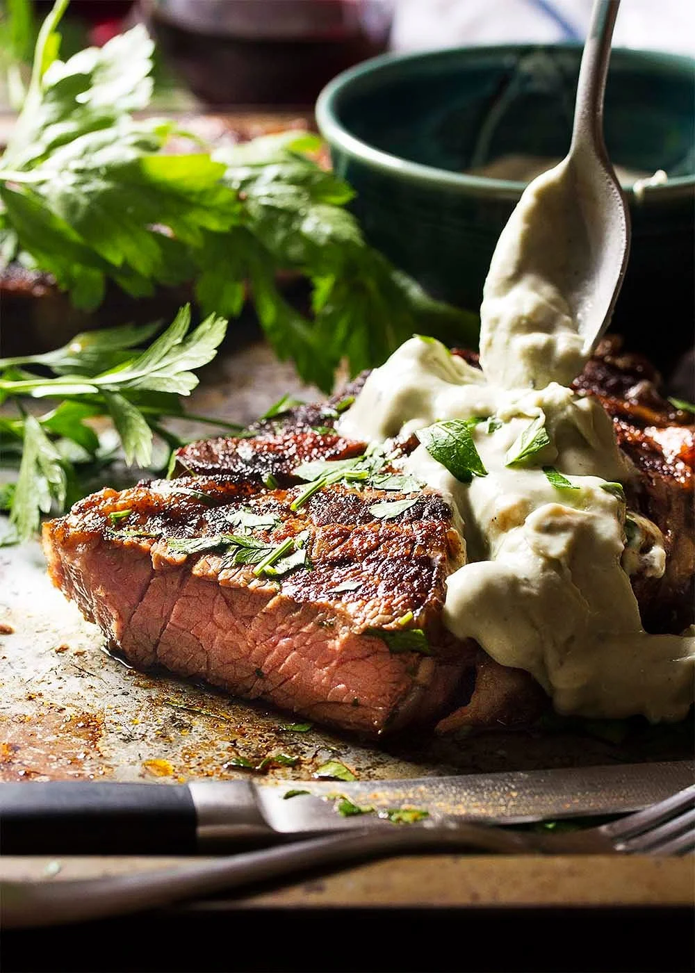 Grilled Ribeye Steaks with Onion Blue Cheese Sauce
