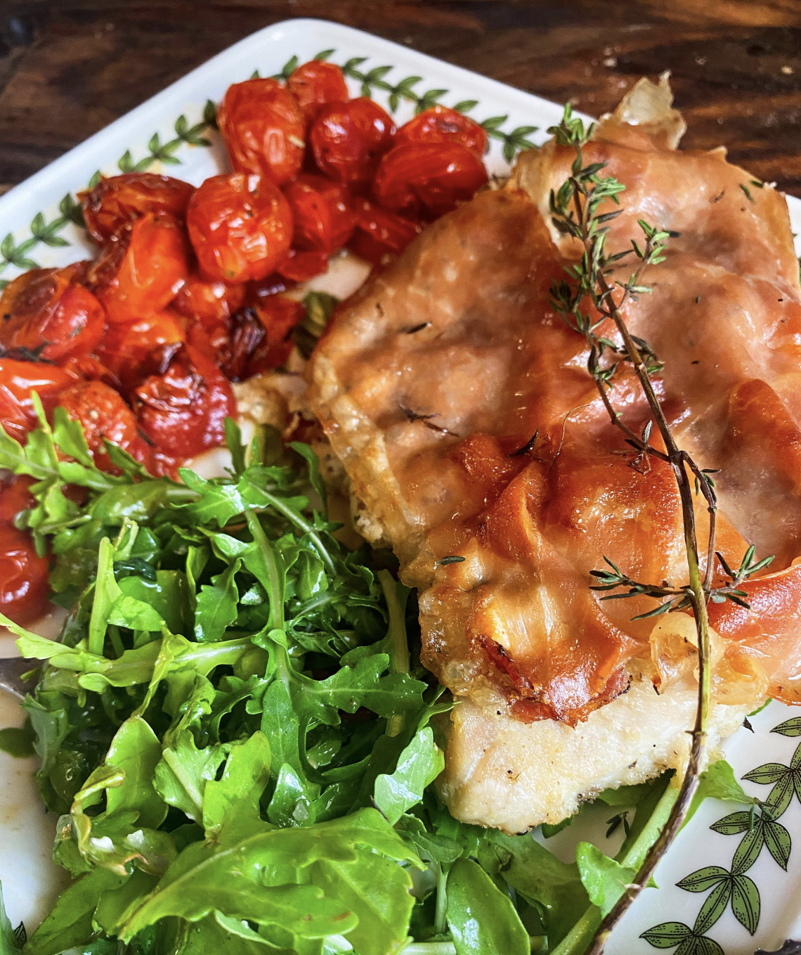 Prosciutto-Wrapped Goat Cheese Stuffed Chicken with Roasted Cherry Tomatoes and Arugula
