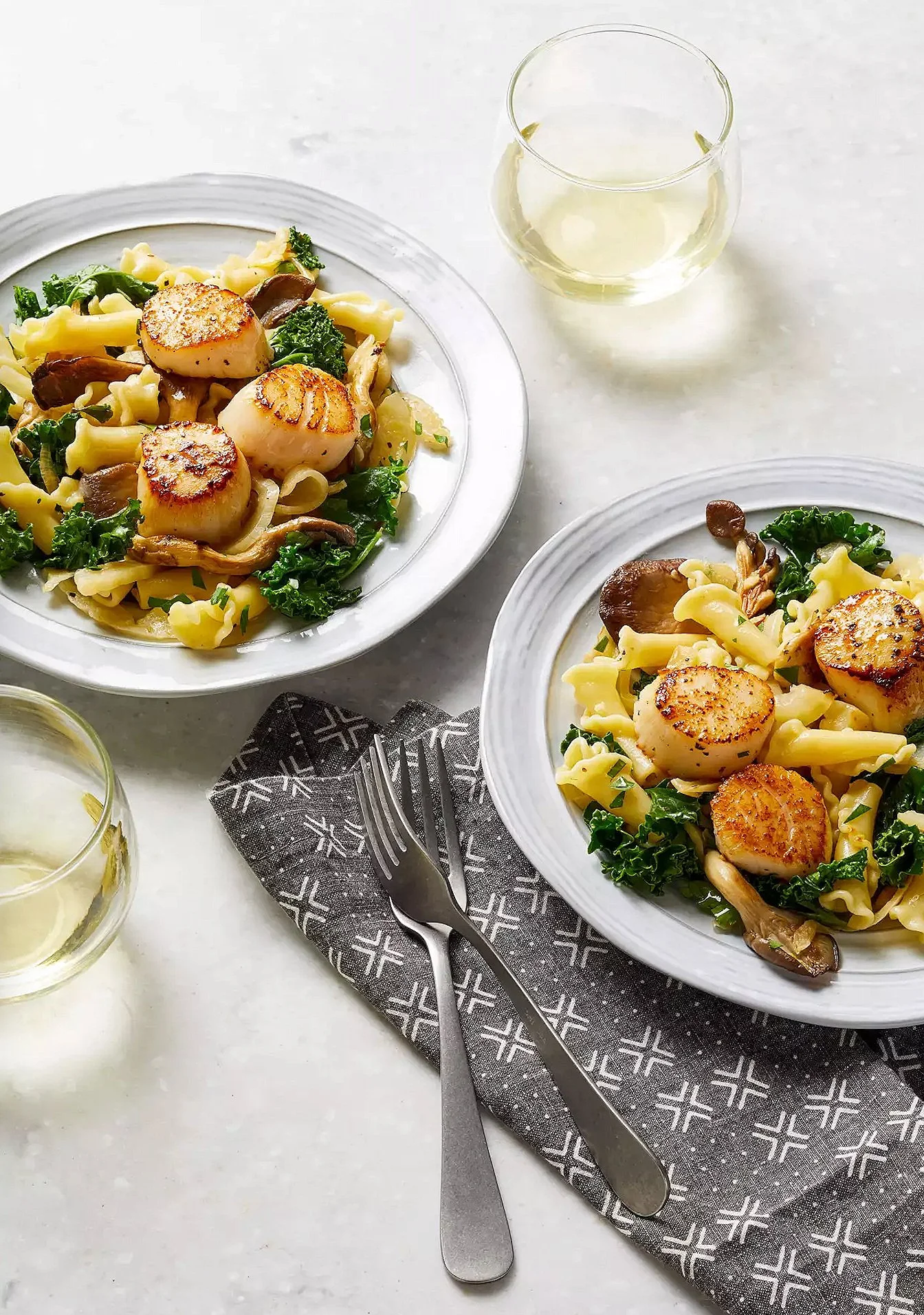 Lemon Garlic Butter Campanelle with Scallops and Wilted Kale