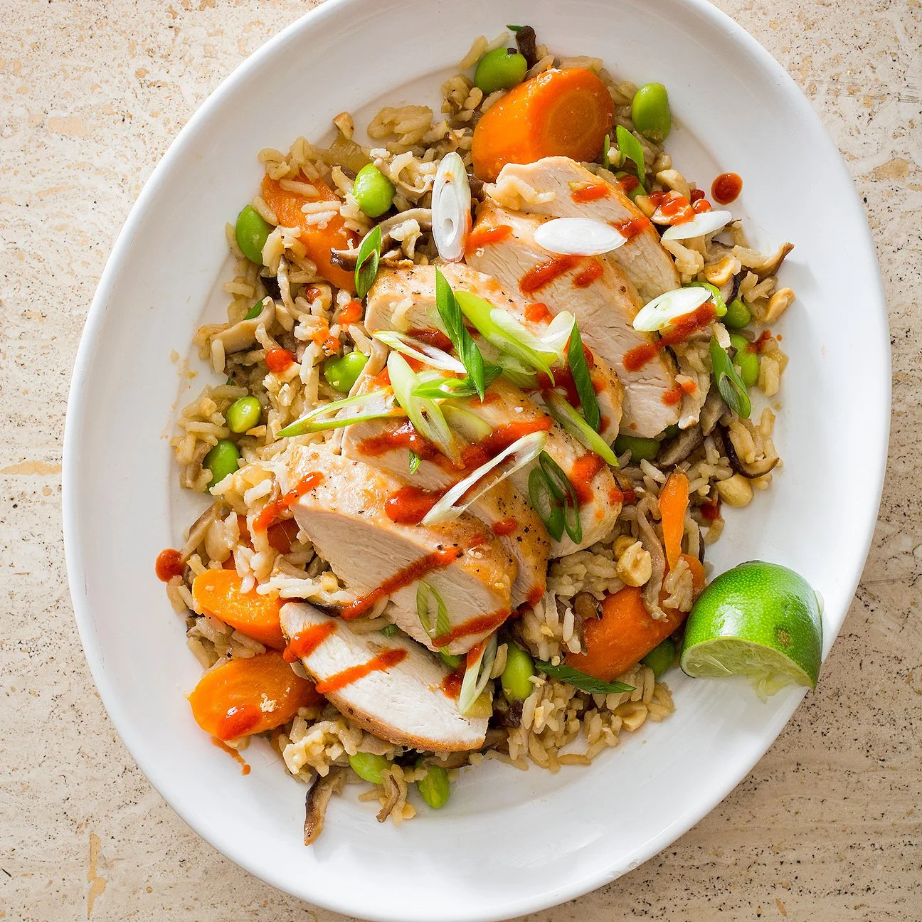 Lime-Ginger Chicken and Rice with Edamame, Carrots, and Shiitakes