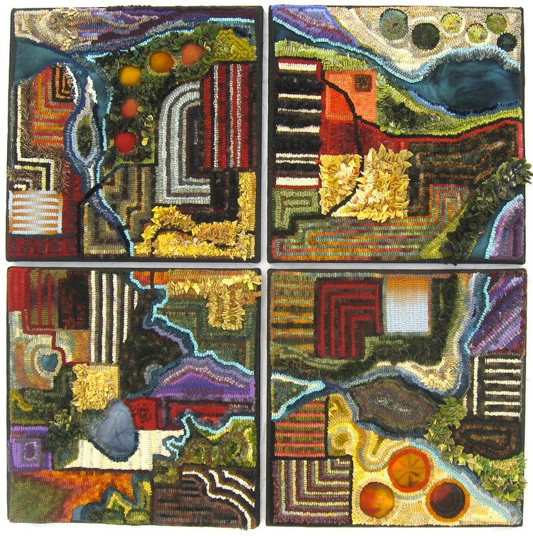Land Parcel Quads 2009, #3 in Fly Over Land Series approximately 37" x 37" (each quarter 18" x 18" mounted individually). Hand hooked, appliquéd, machine stitched with mixed fibers on Monk's cloth.