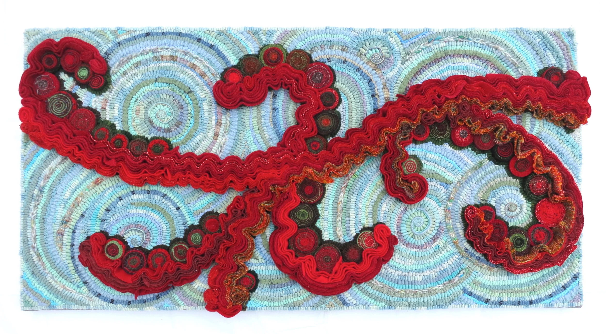 Red Fronds 2016 36" x 18" Wool, cotton hand hooked, bias shirred, coiled, knit and crocheted on Monk's cloth.