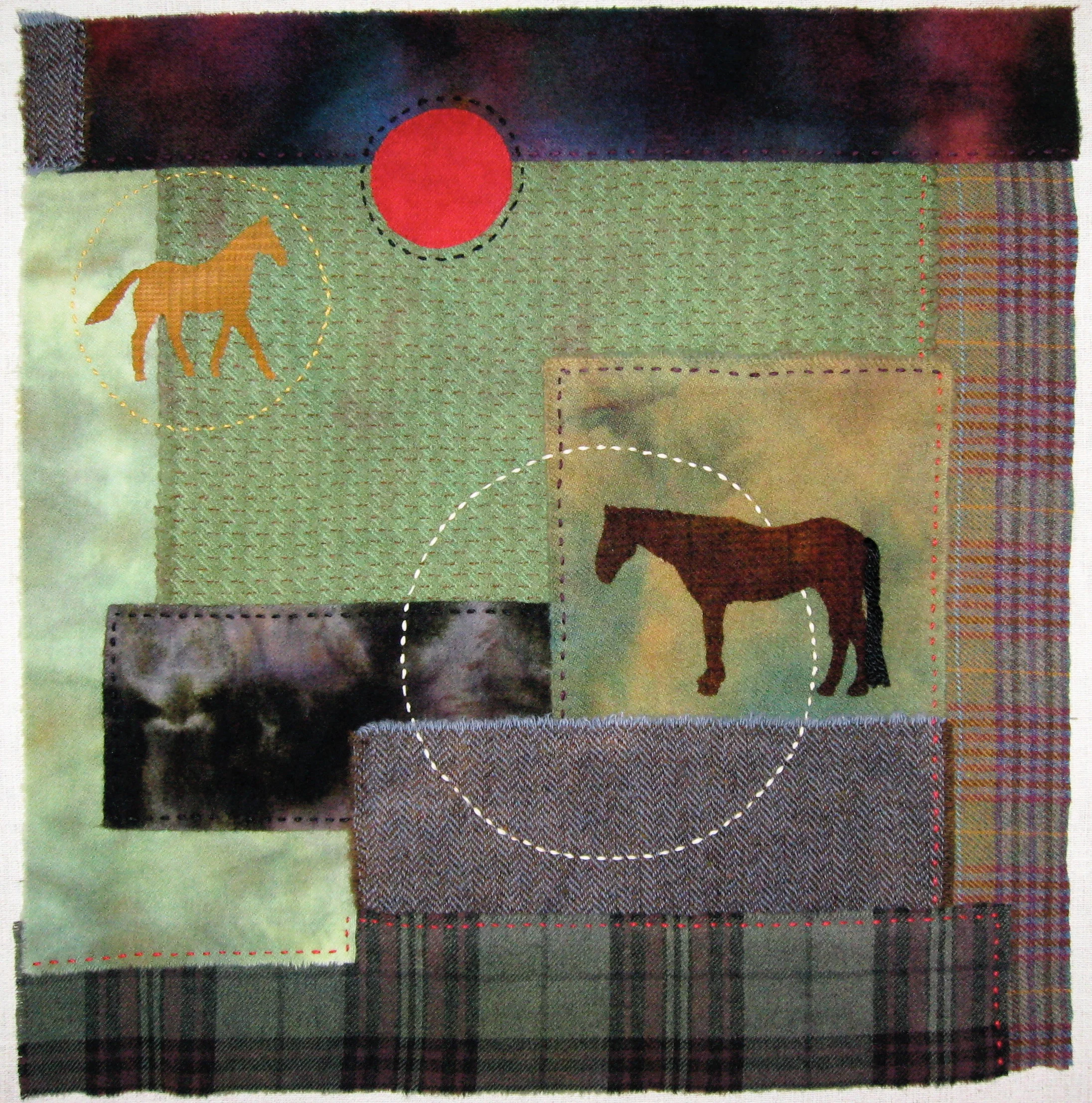 Waiting 2009 21" x 21" Wool with rayon and filament thread hand sewn.. A salute to my departed horse, Arrow, and my aging horse, Fifty/50.
