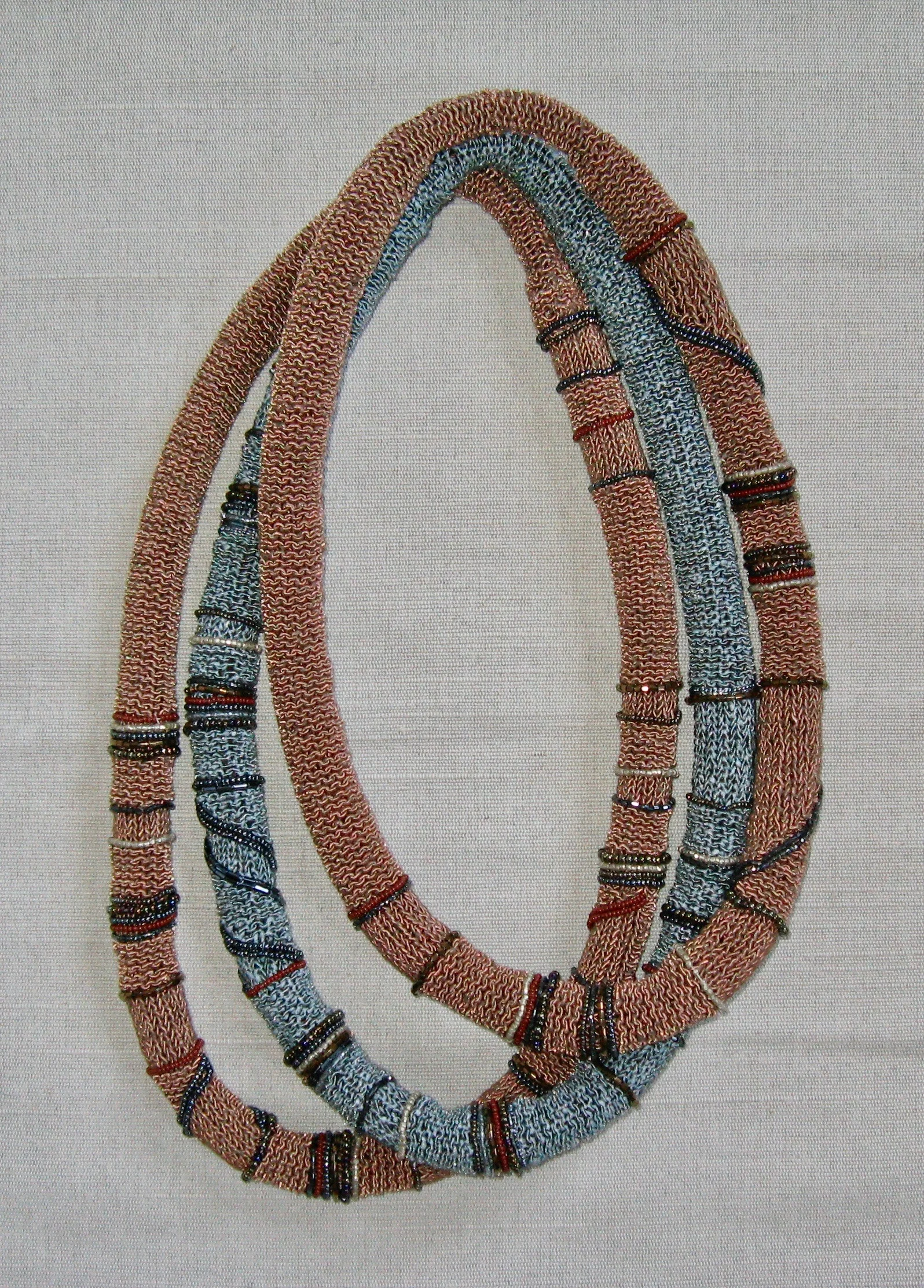 Knit and Beaded Necklaces 2010 Approximately 28"to 30" Rayon yarn and glass beads hand knit.