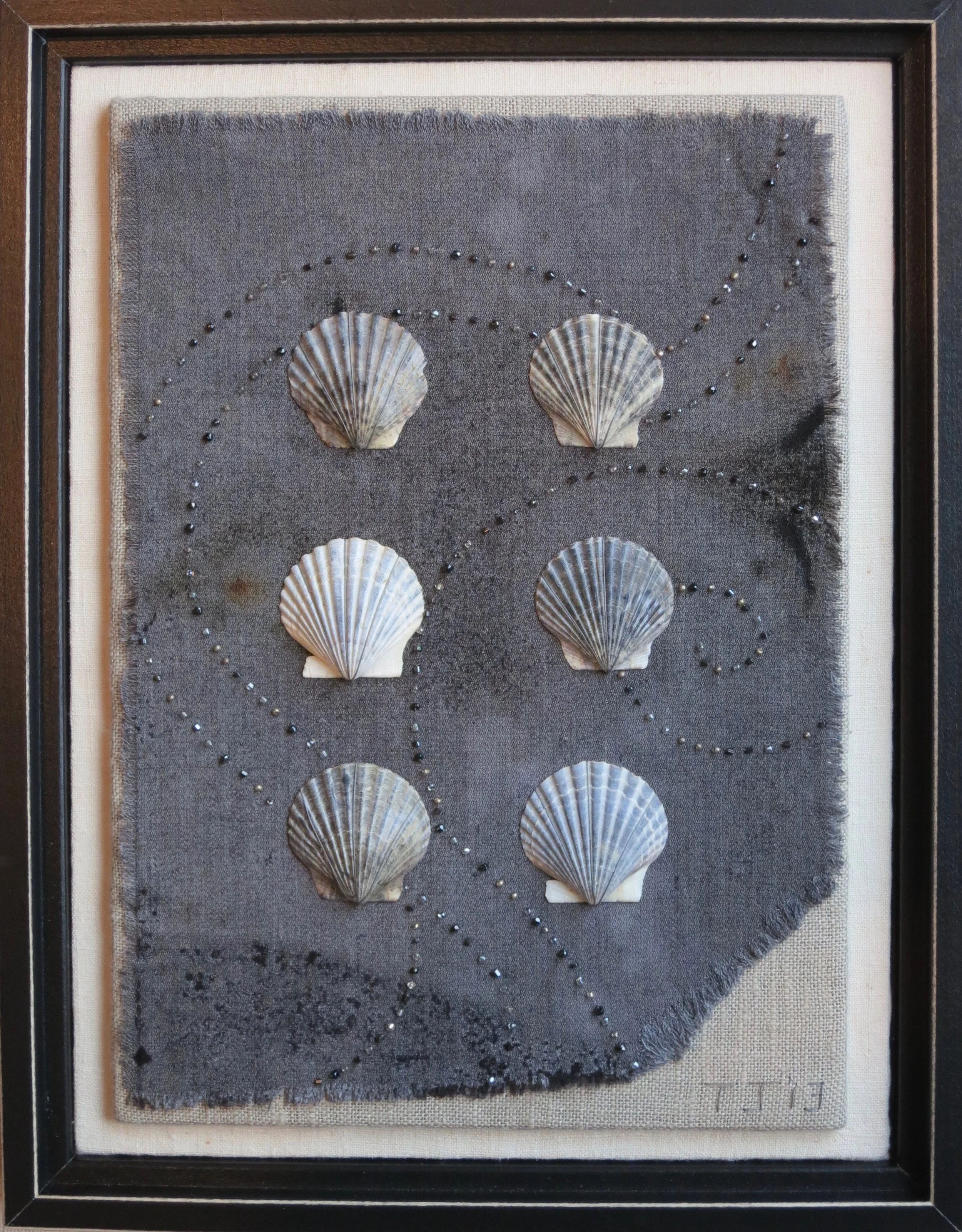 Scallop Shells 2013 13.5" x 10" Shells and glass beads hand sewn to wool fragment.