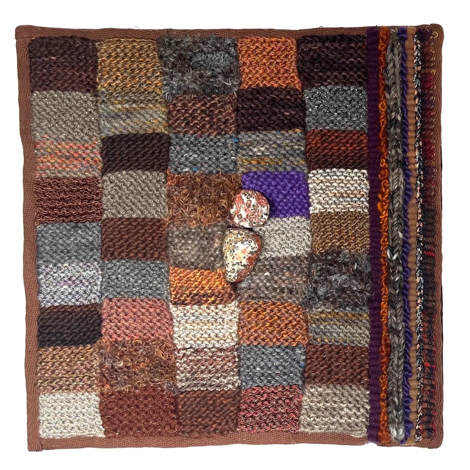 #29 Rock Square
Two rocks. Knit, hand hooked, chain stitched, hand sewn using wool, novelty and wool yarn, glue, cotton twill binding tape.
Companion to #28. #fiberart #textileart #knitart