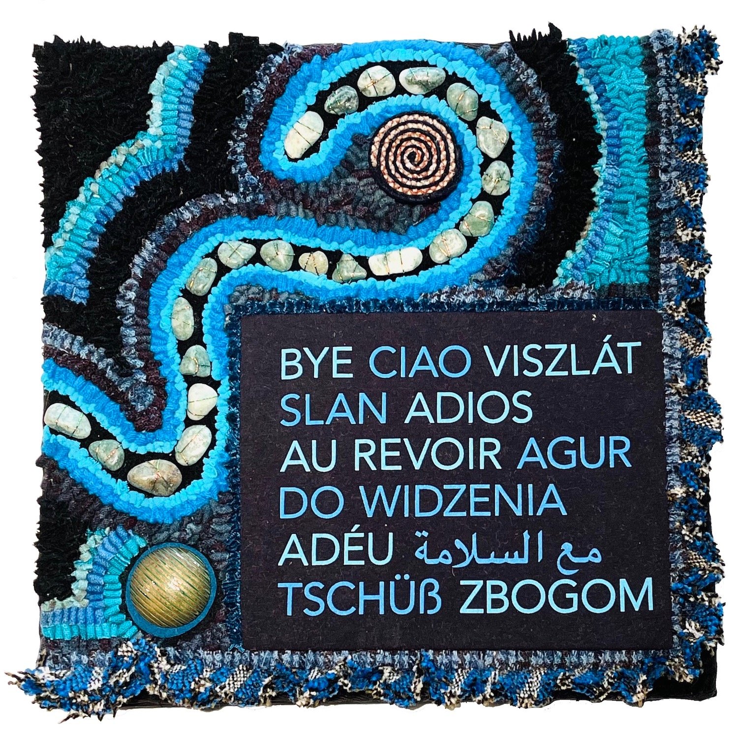 #31 Rock Square
Multiple rocks. Hand hooked, bias shirred, hand sewn, coiled using design from cotton t-shirt, wool, cotton, novelty yarn, metallic thread, foam core, antique button, glue, cotton twill binding tape.
Companion to #30. #fiberart #texti