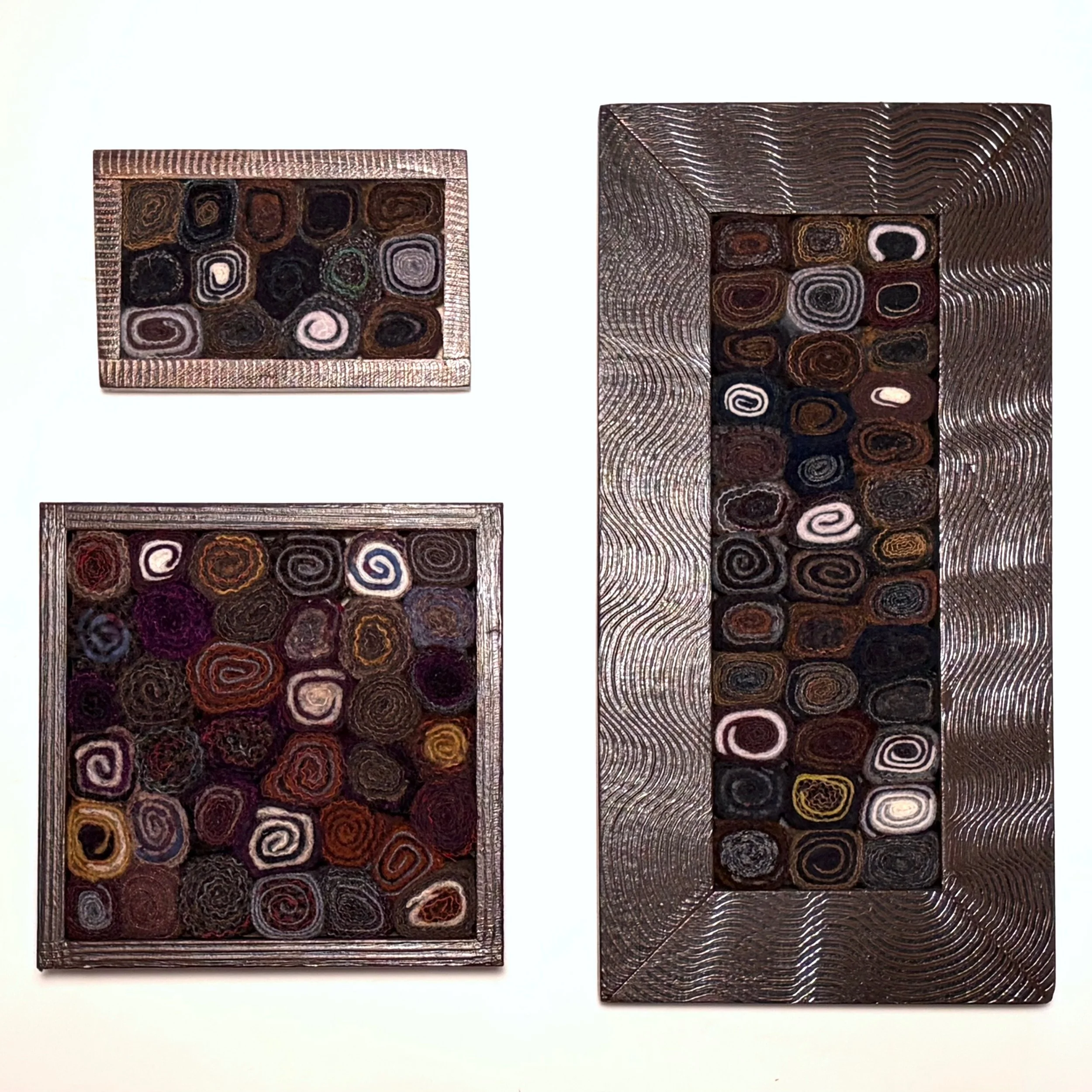 Two quick postings. Three grain painted boxes with a selection of wool coils. Small box is 3' x 5", square box is 6" square and large box is 12" x 6". Will take them to the exhibit at Ashawagh Hall August 21-25 in East Hampton, NY