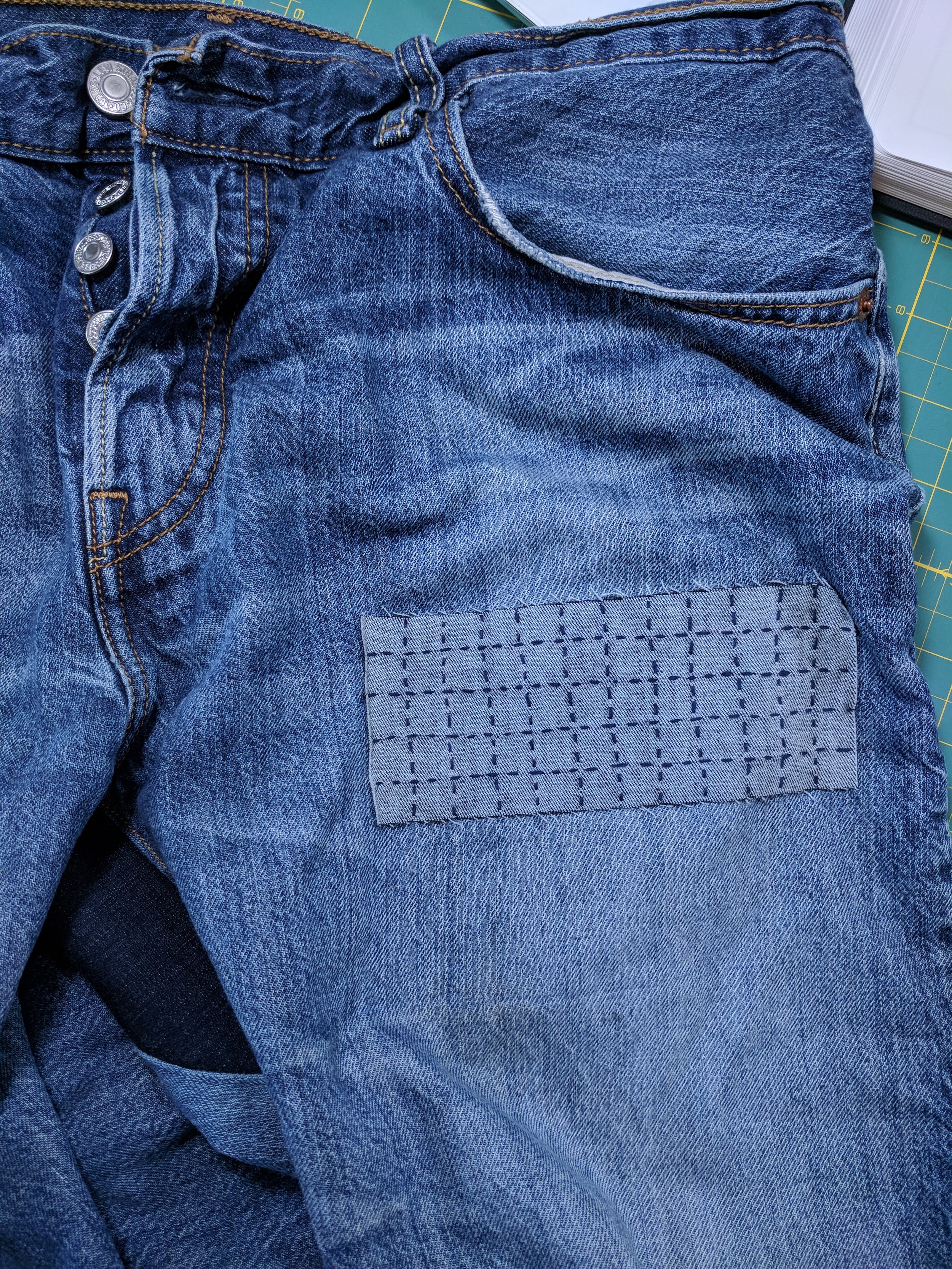 Repairing Jeans with Oversize Knee Patches and Sashiko Stitching