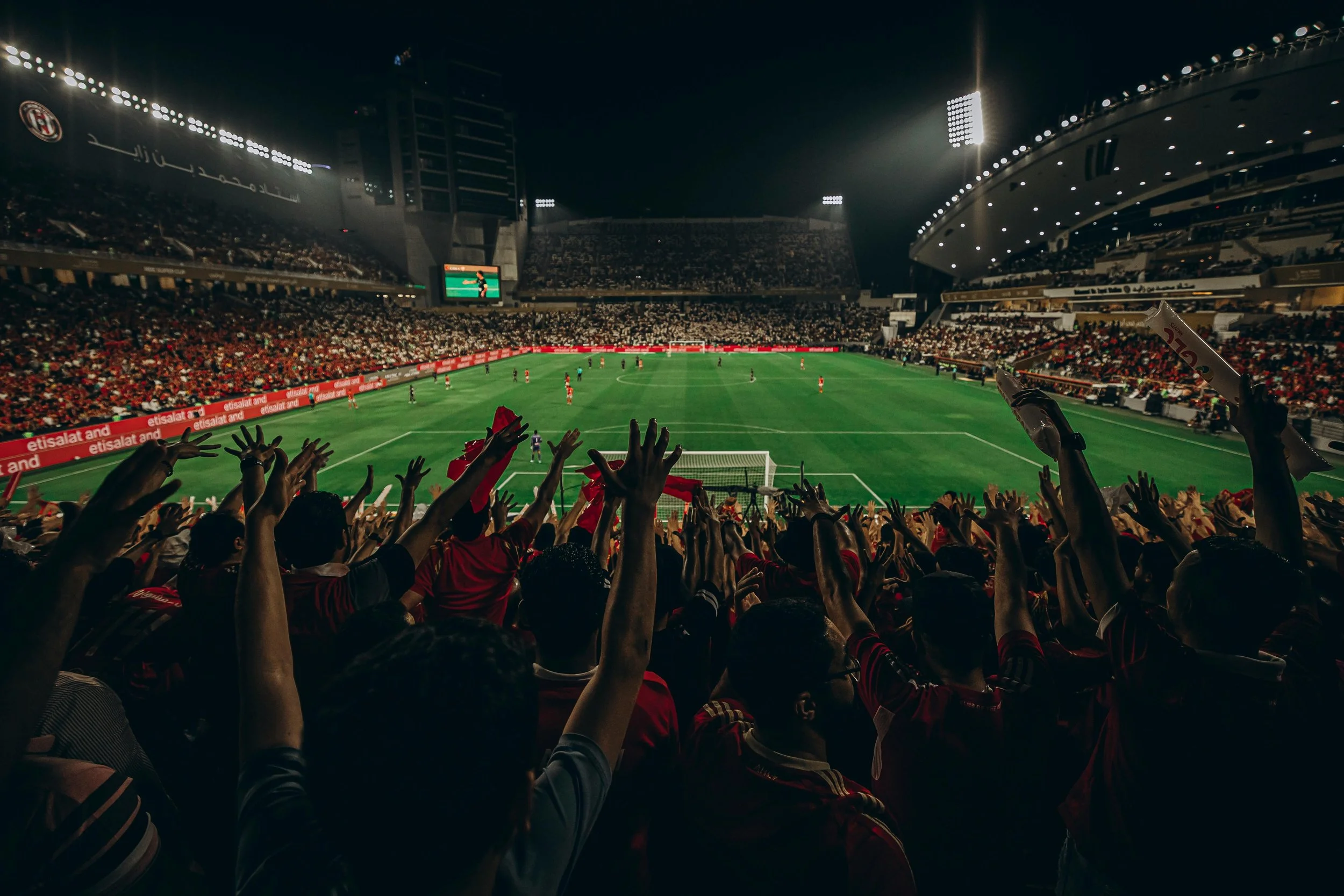 Fans cheering in soccer stadium