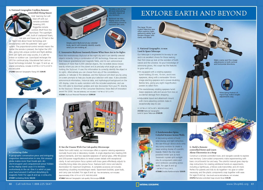 National Geographic Store catalog, Holiday 2008: science gifts spread