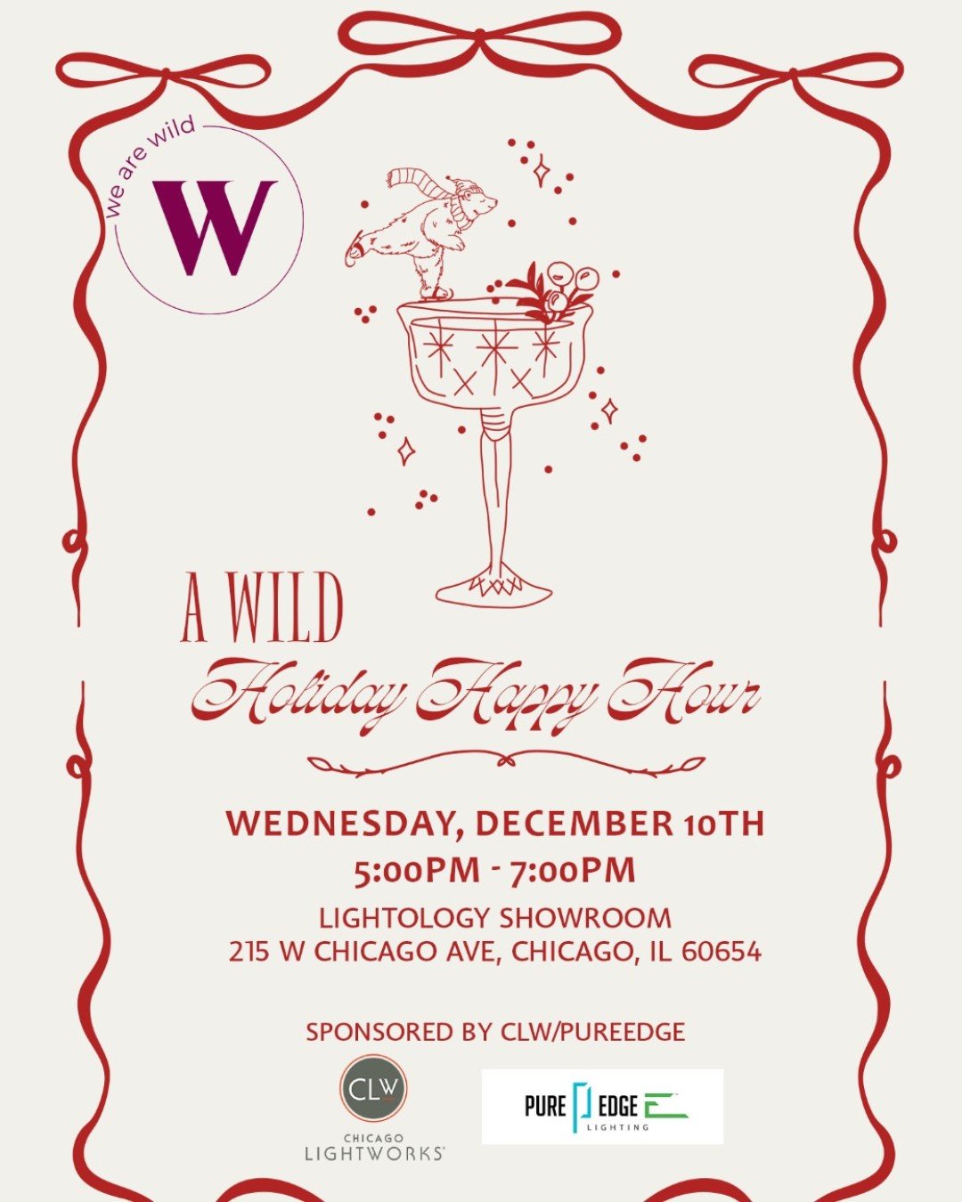 Join WiLD for a pop-up Holiday Happy Hour hosted at the Lightology showroom. HLB Lighting Design is driving the effort to bring new energy to WiLD in Chicago, and we&rsquo;re supporting the push alongside PureEdge.