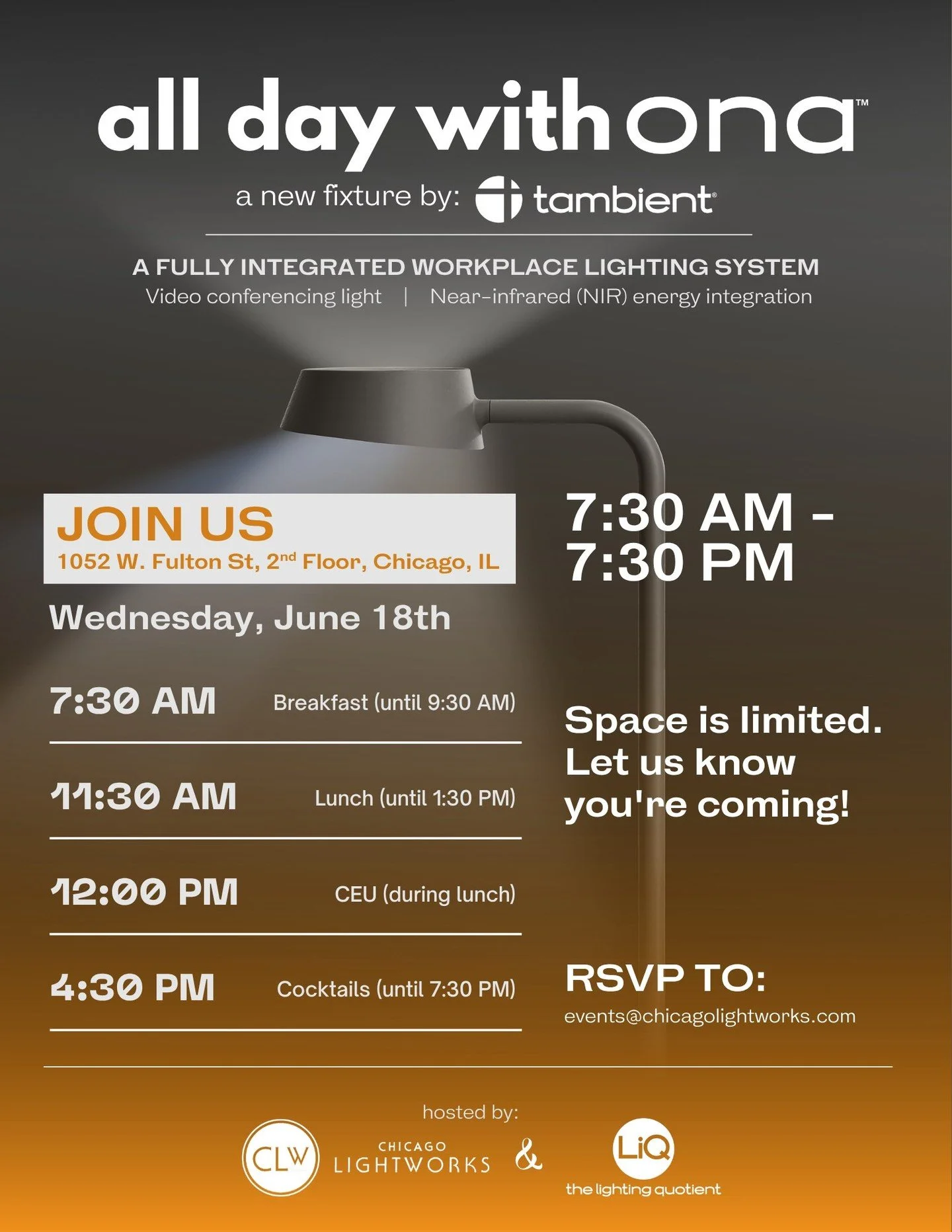You're invited: All Day With Ona&trade; at Fulton Market.

Chicago Lightworks&trade; and The Lighting Quotient invite you to experience the innovation behind the brand new Ona&trade; fixtures.

📍 When &amp; Where:
Wednesday, June 18th | 7:30 AM &nda