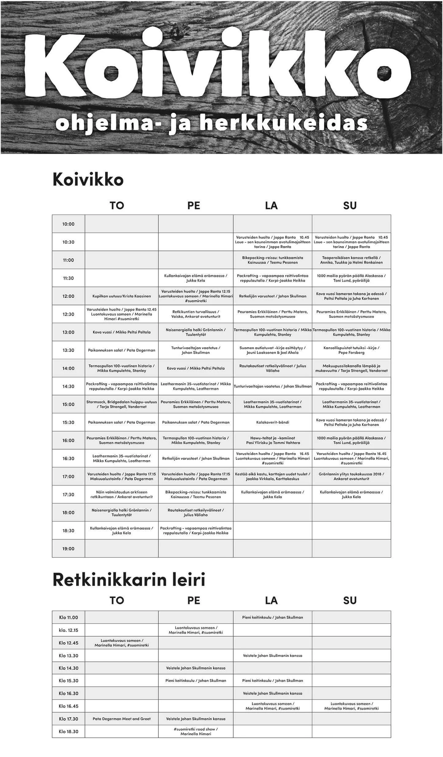Ohjelmalavan esitykset ovat ylhäällä ja lisäohjelmat, lavan takanan Retkinikkain leirissä, alemmassa taulukossa. 