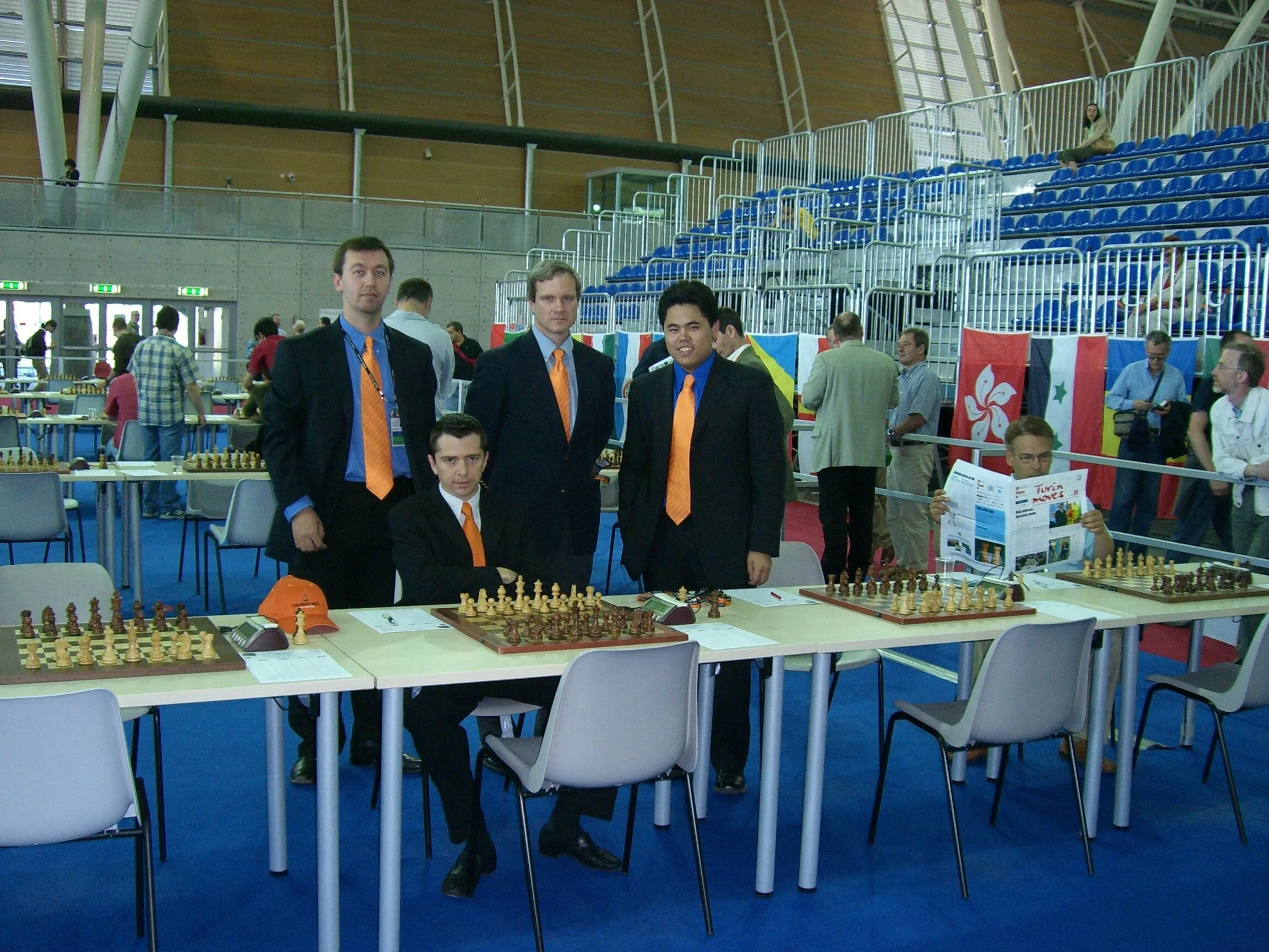 John Donaldson (center) at the 2006 Olympiad in Turin. (also pictured, Gata Kamsky, Alex Onishchuk, Hikaru Nakamura)