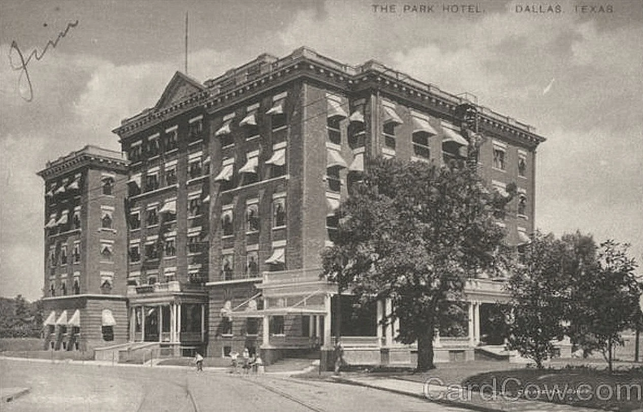 The Ambassador Hotel, branded in 1907 as the Park Hotel. I won’t be showing photos of the fire or the aftermath. Photo courtesy of Flashback: Dallas.