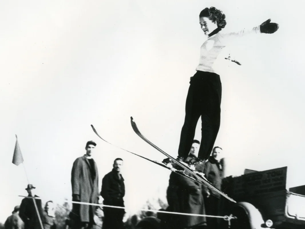 Henrietta Sharp, February 23, 1941. Henrietta has just let go of the rope and is doing a ski jump uphill at 65 miles per hour.
