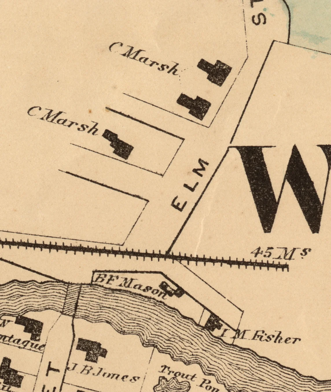 Detail of the upper part of Elm Street including Charles Marsh’s houses. The railroad track on the map was never completed. Windsor County Map. 1869. F.W. Beers & Co.