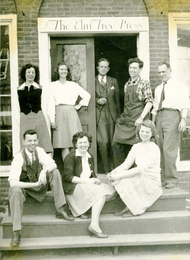 Part of the Elm Tree Press staff, April 1946. Standing: Maris Ransom, Jay Taylor, Phil Cody, Ed Hawkes, Bill Robison (Robbie) Seated: Frank Teagle, Beatrice Hawkes, and Kay Peddle.