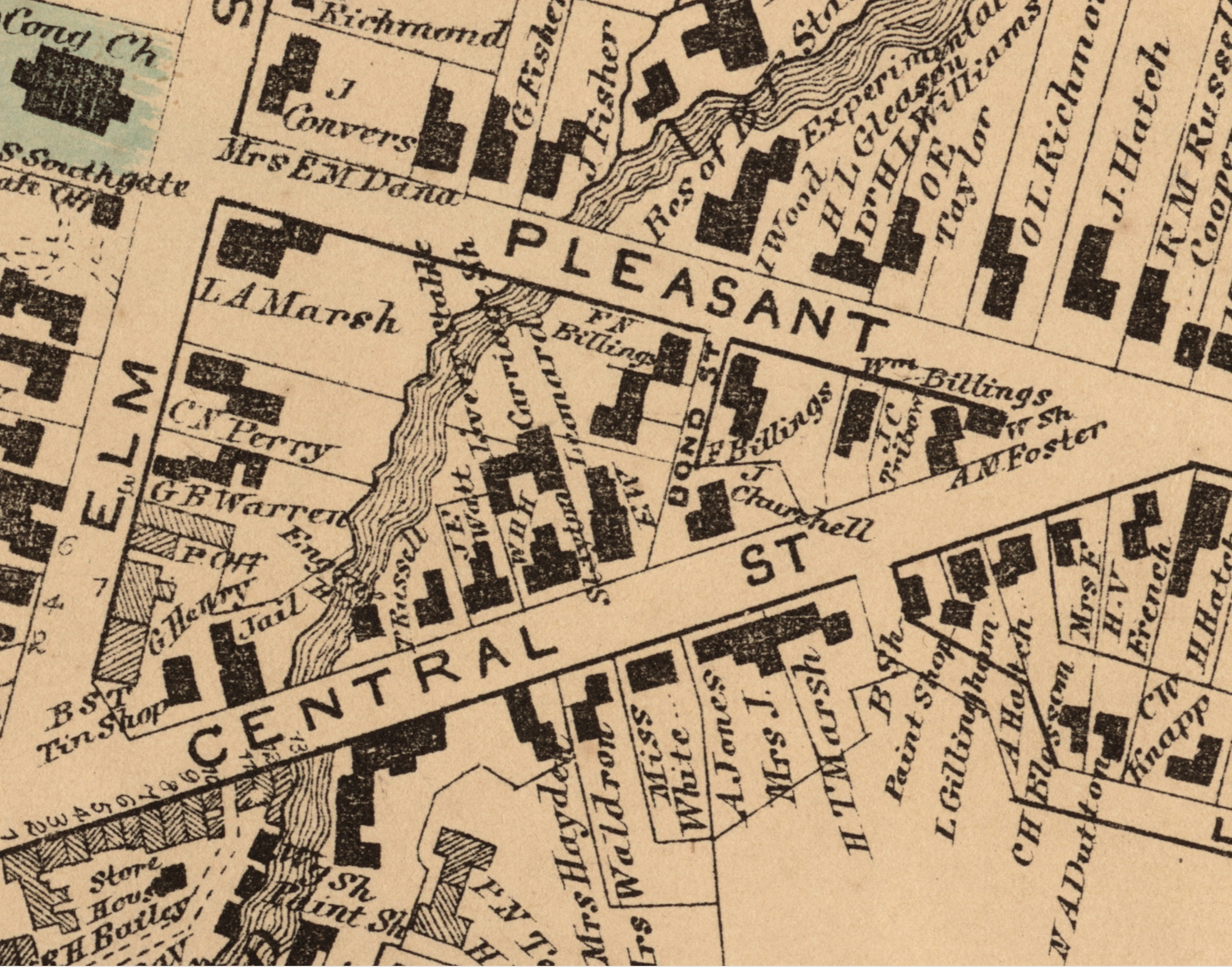 In 1845, Jonas G. Tribou purchased the land as well as the shop located on the site, which he used as both a dwelling house and a wheelwright-shop (marked “W Sh” on map).