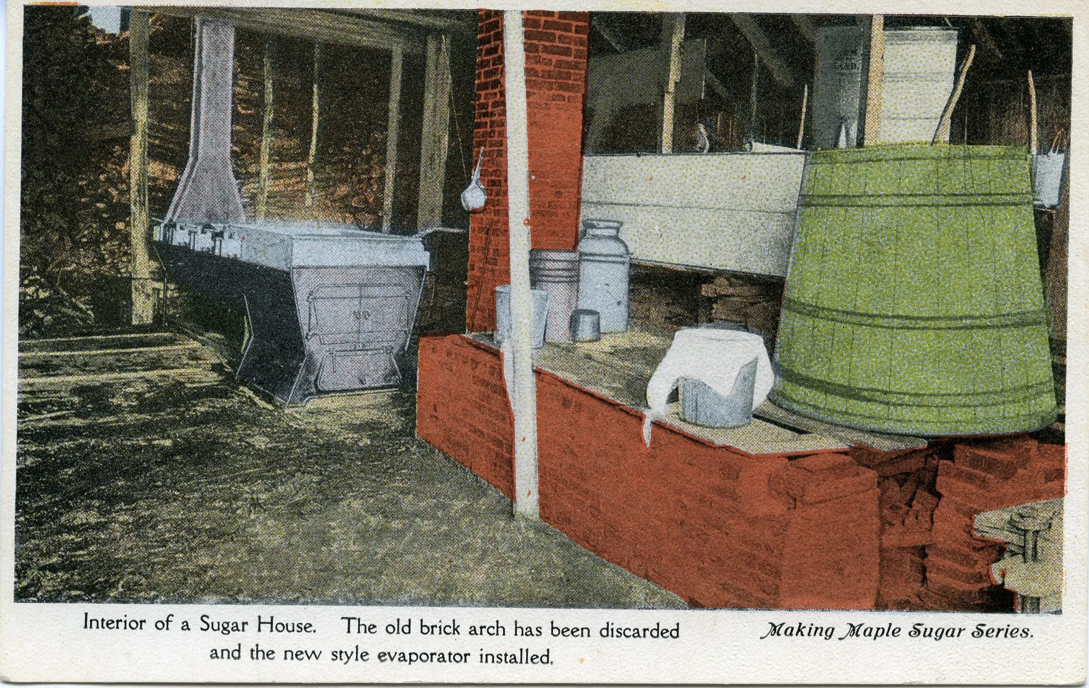 'Interior of a Sugar House.  The old brick arch has been discarded and the new style evaporator installed.  Making Maple Sugar Series'.jpg