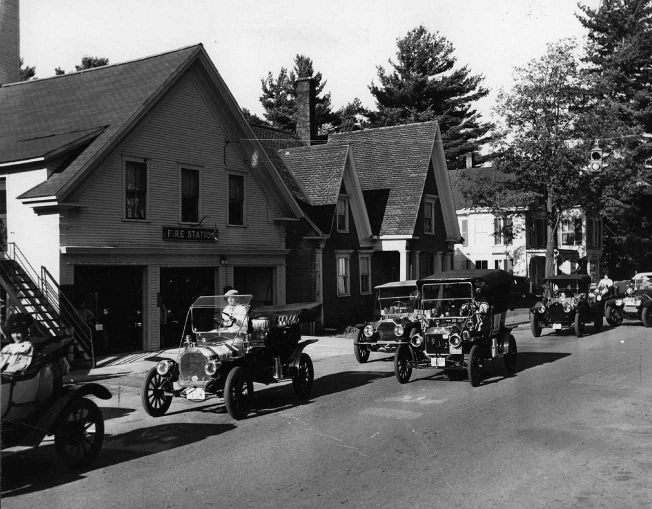 20th-century view of Central Street with the Fire Station in the foreground.