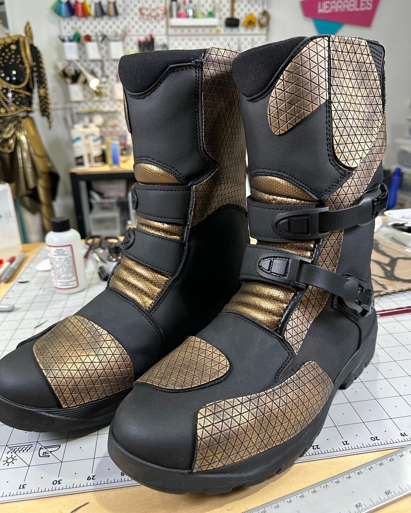 Boots for the spacesuit! These started as black motorcycle boots (that I&rsquo;ve already sent to the actor to try on to make sure they fit). I chose boots with shapes that I knew could fit well into the rest of my design, I call that looking for &ld