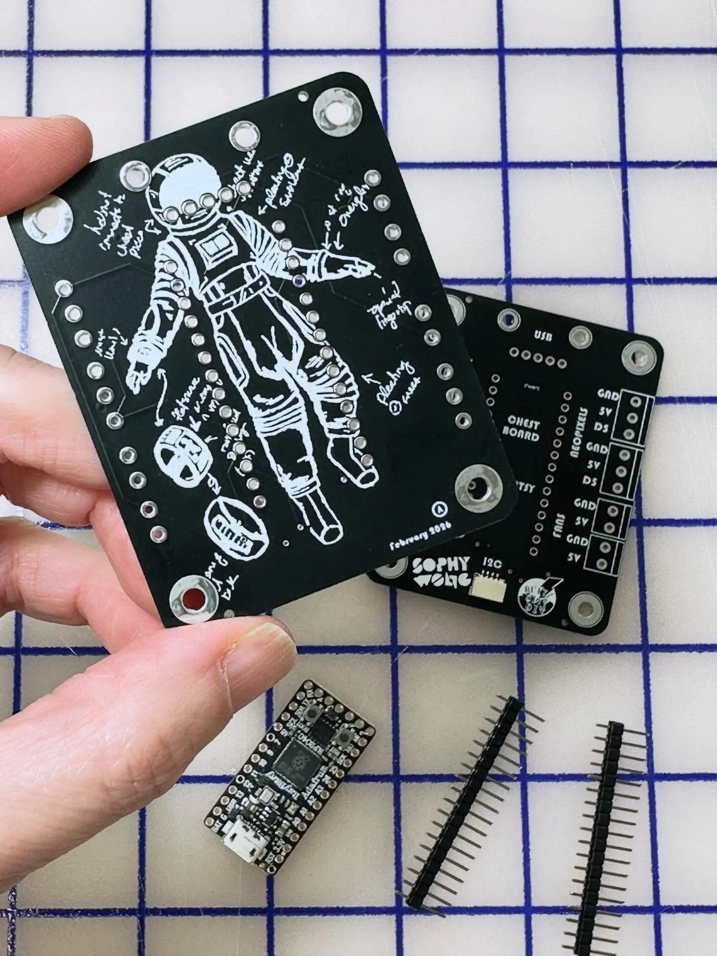 Have I mentioned that @blitzcitydiy is awesome?!?! She and I are working on creating custom pcbs for controlling my spacesuits, and she made me this glorious carrier board for my current suit configuration (neopixels, cooling fans, switches and knobs