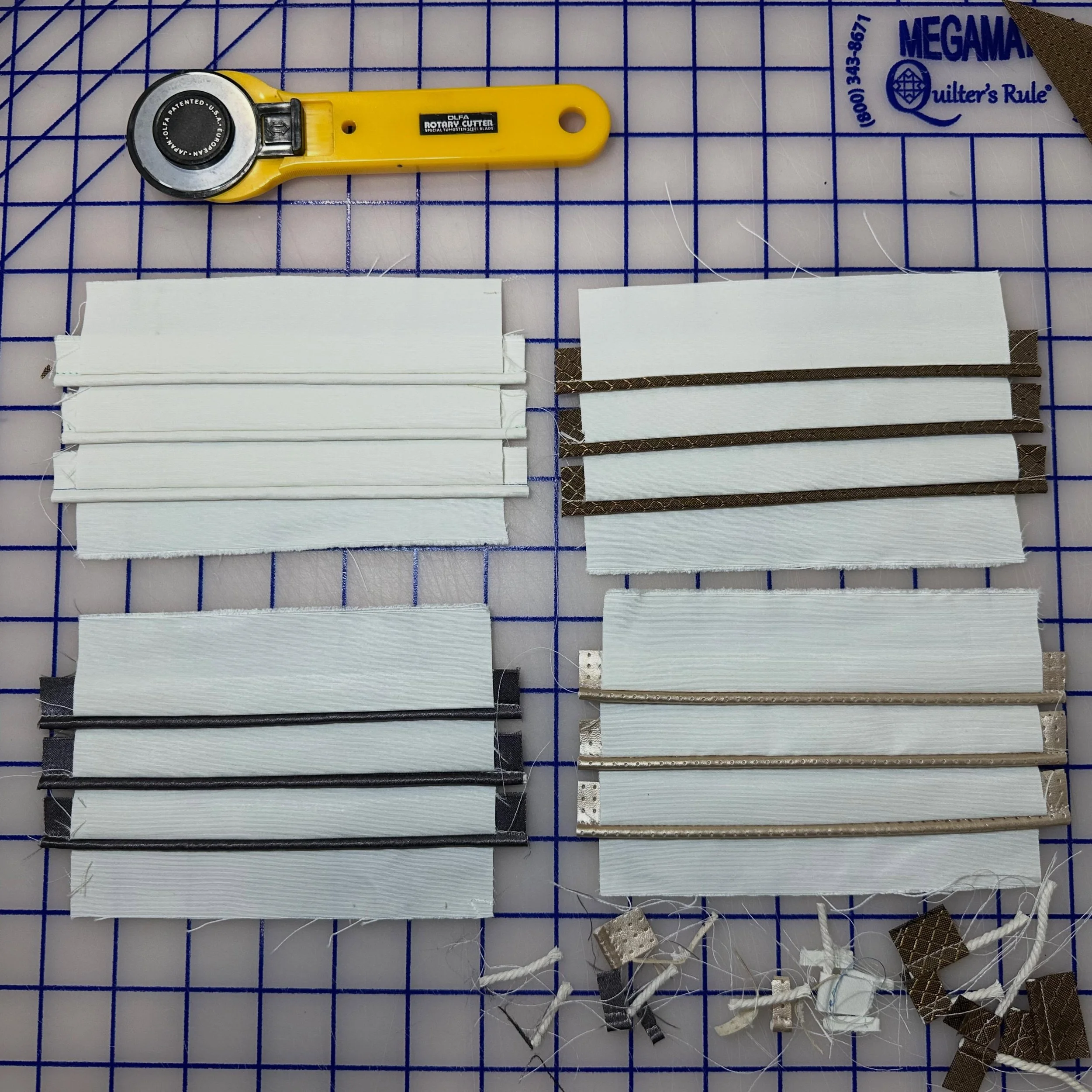 Piping samples I made for my next spacesuit. I like them all but for this project I&rsquo;m going with the white-on-white self fabric option, for a more functional NASA-inspired look. These piping lines will go around the arms and legs to give some d