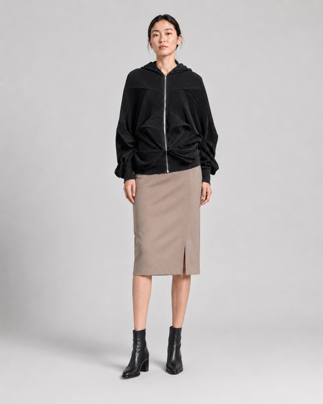 Pleated Sculptural Zip Hoodie