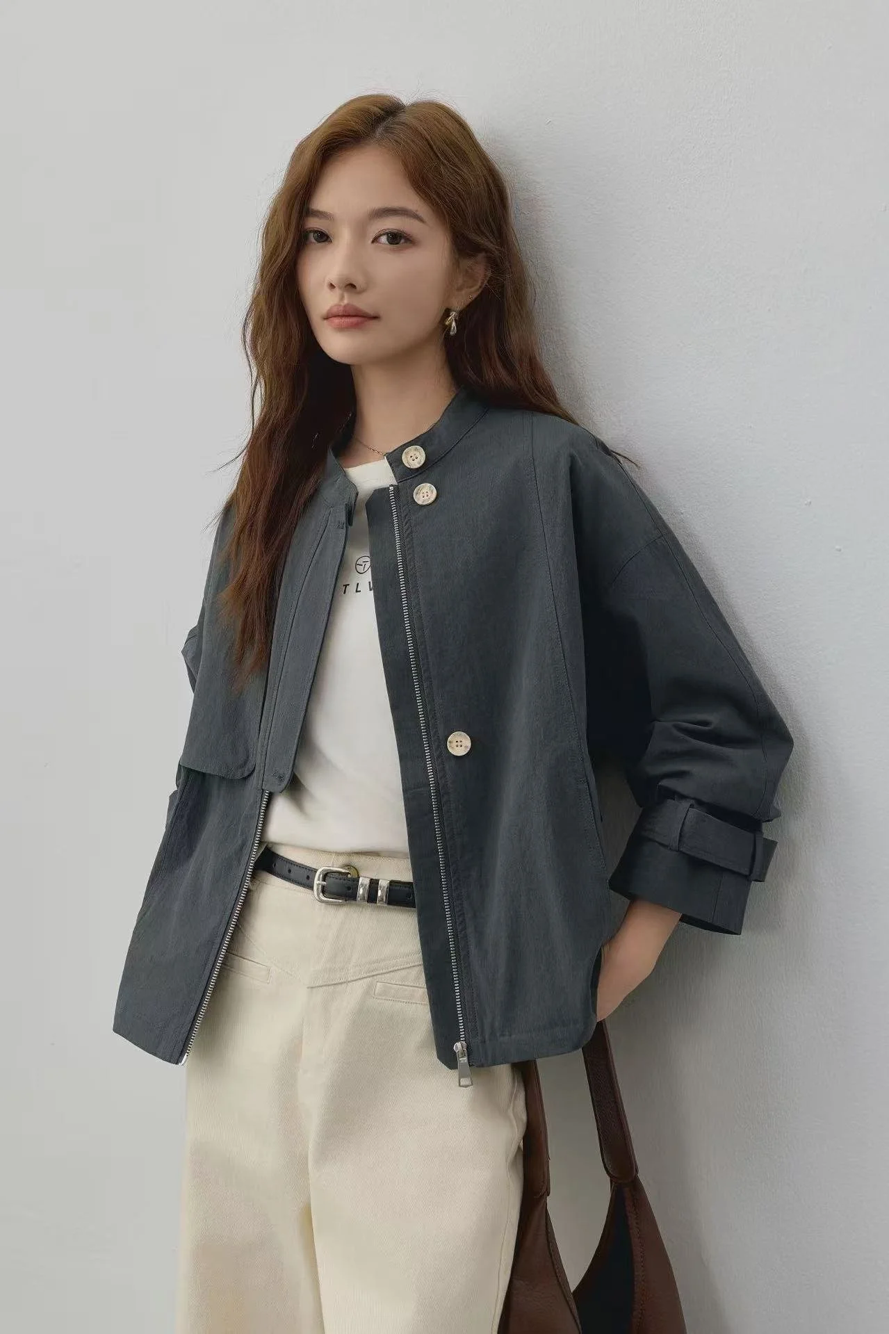 Zip-Front Short-Sleeve Coat