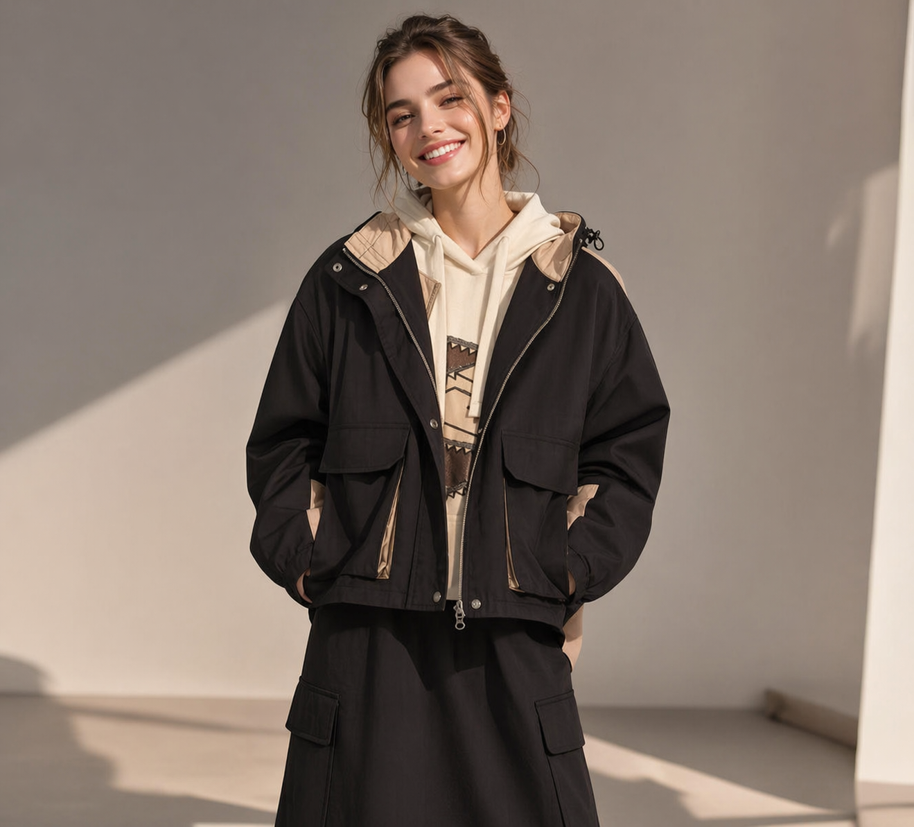 Hooded Color-Block Drawstring Mid-Length Coat