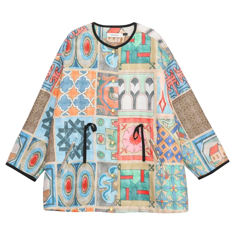 Mid-Length Coat with Belt and Square Print Design