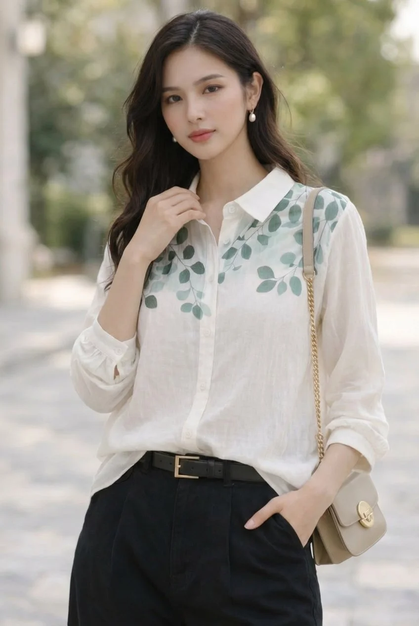 Green Leaf Botanical-Print Button-Up Shirt