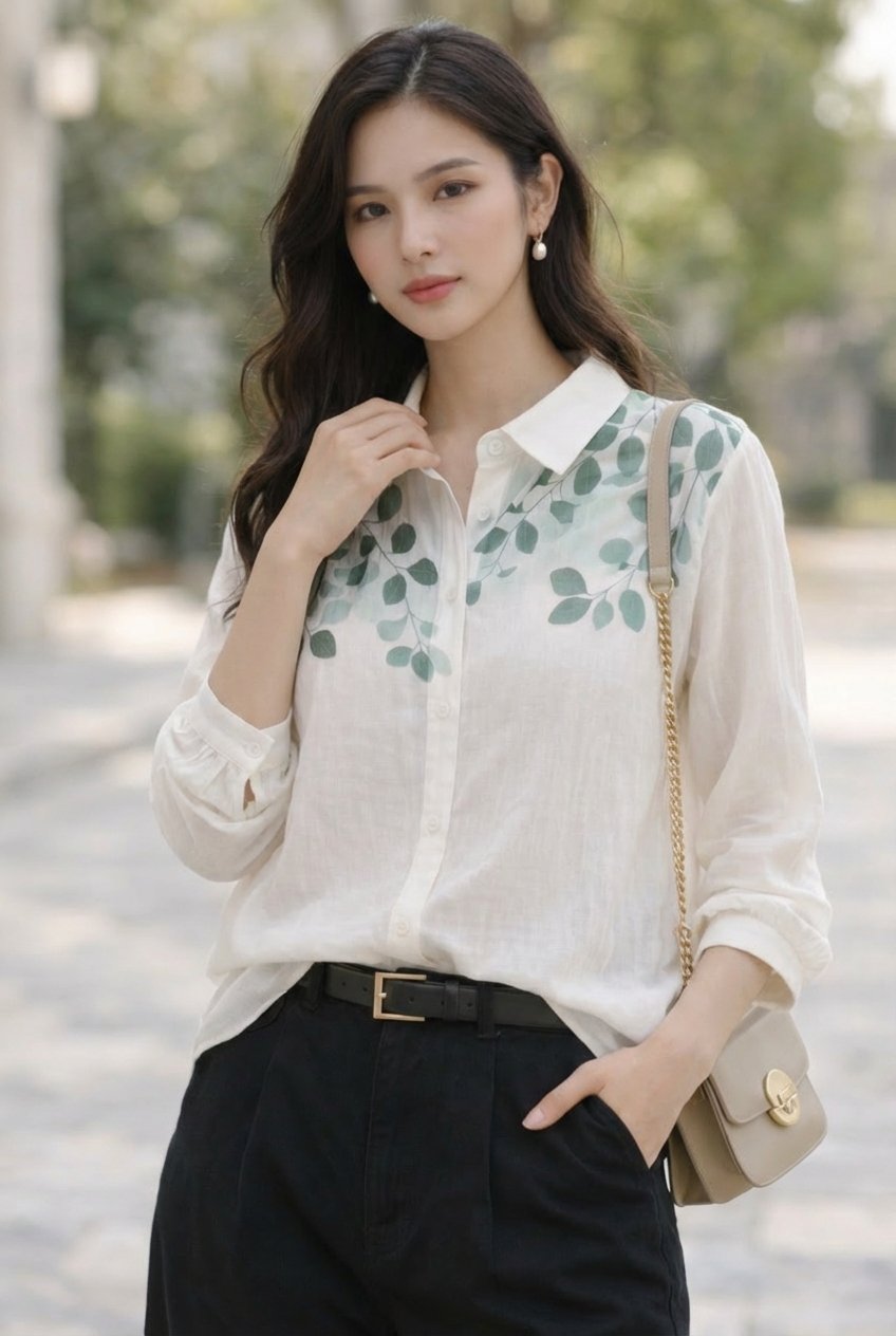 Green Leaf Botanical Print Button-Up Shirt