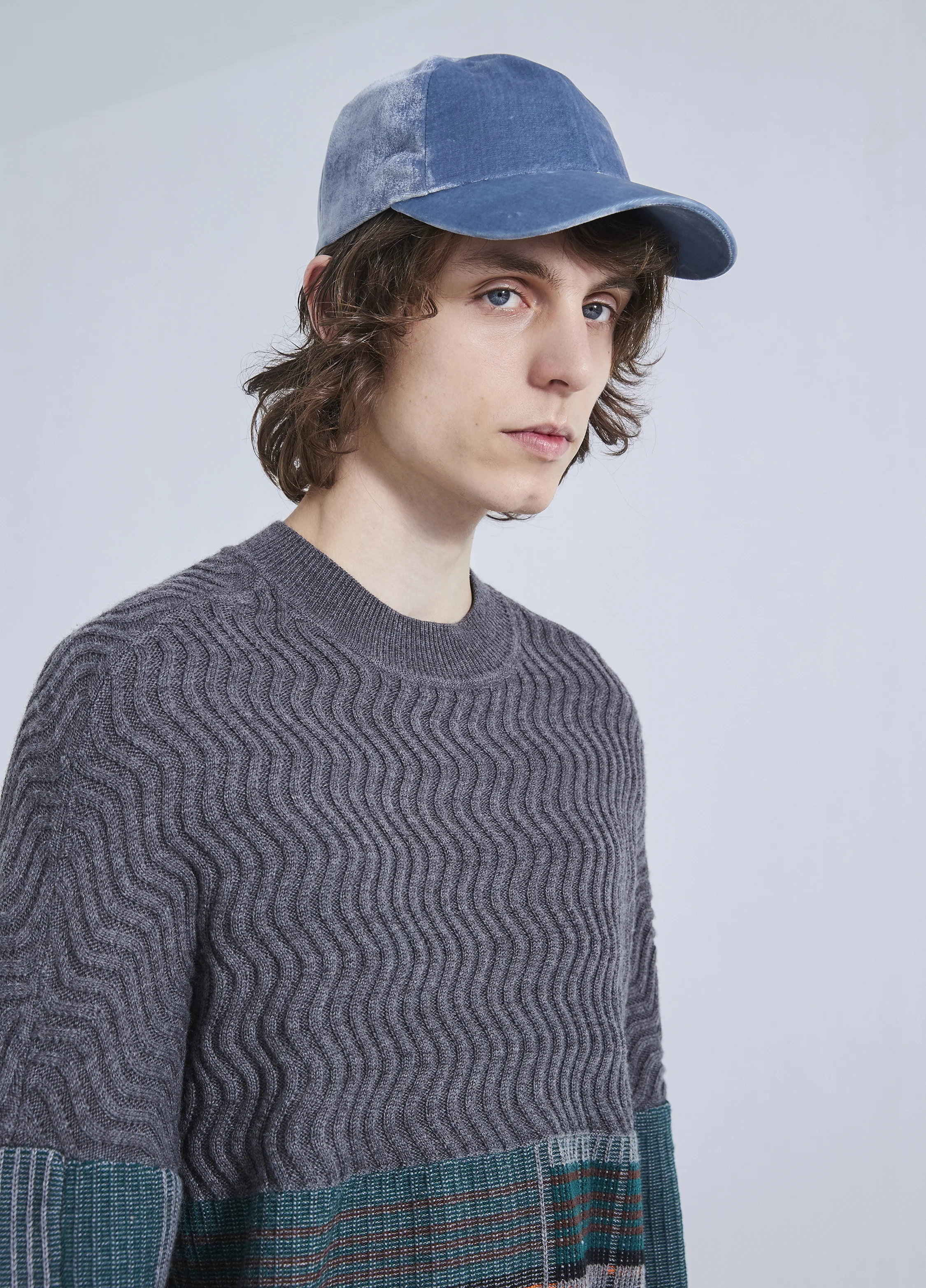 UNOF/FULL OVER KNIT/タグ付/FREE/コットン/BLU/UN-KT005 Abstract Plaid Knit Sweater — AGoodFun (fka JNBY USA)