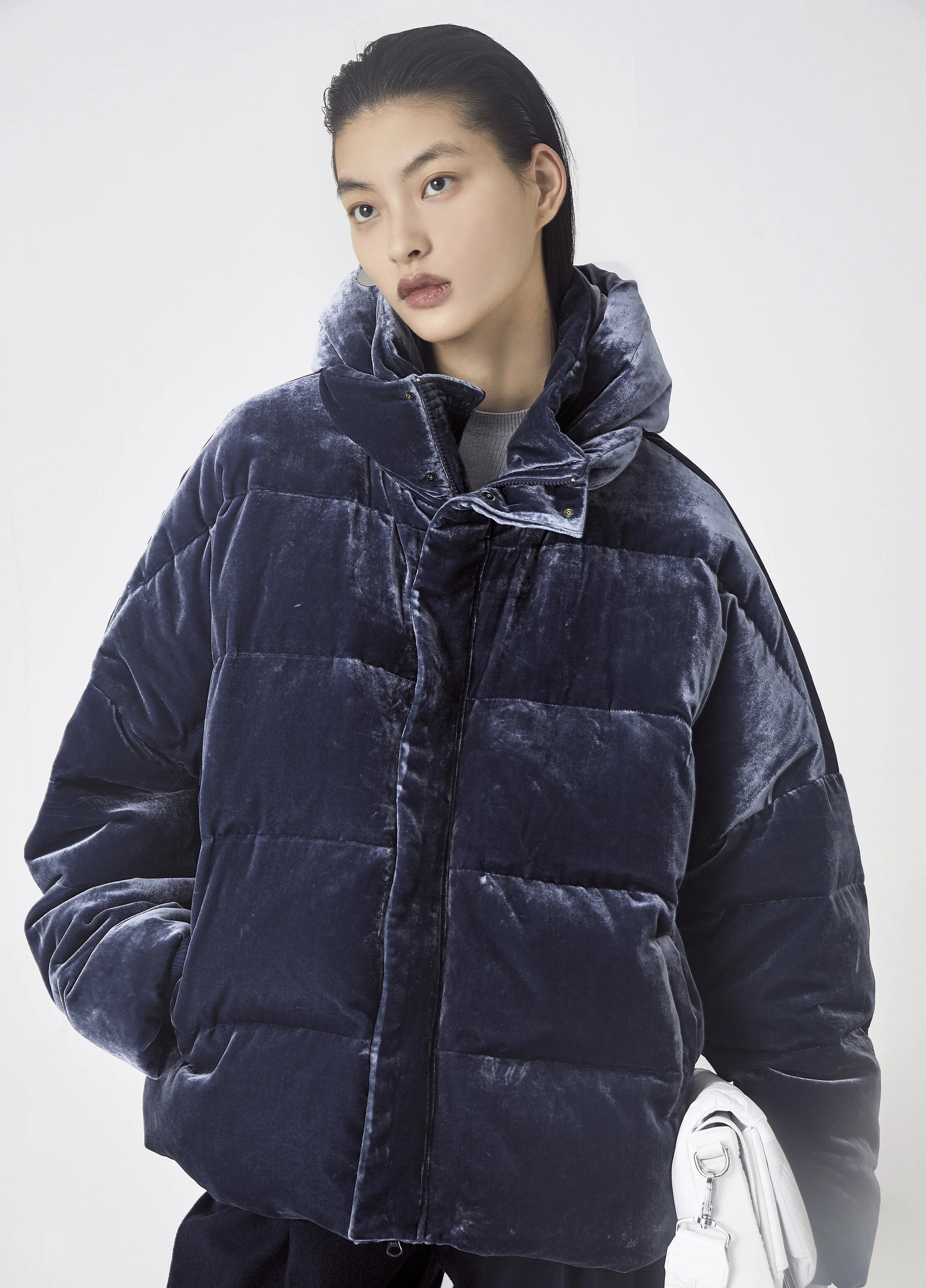 velvet blue puffer jacket